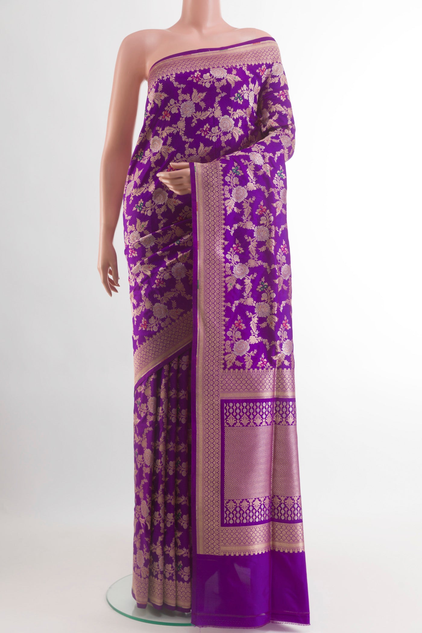 Violet Banarasi Silk Saree with Zari Brocade on the body and Zari Border.  displayed on a mannequin