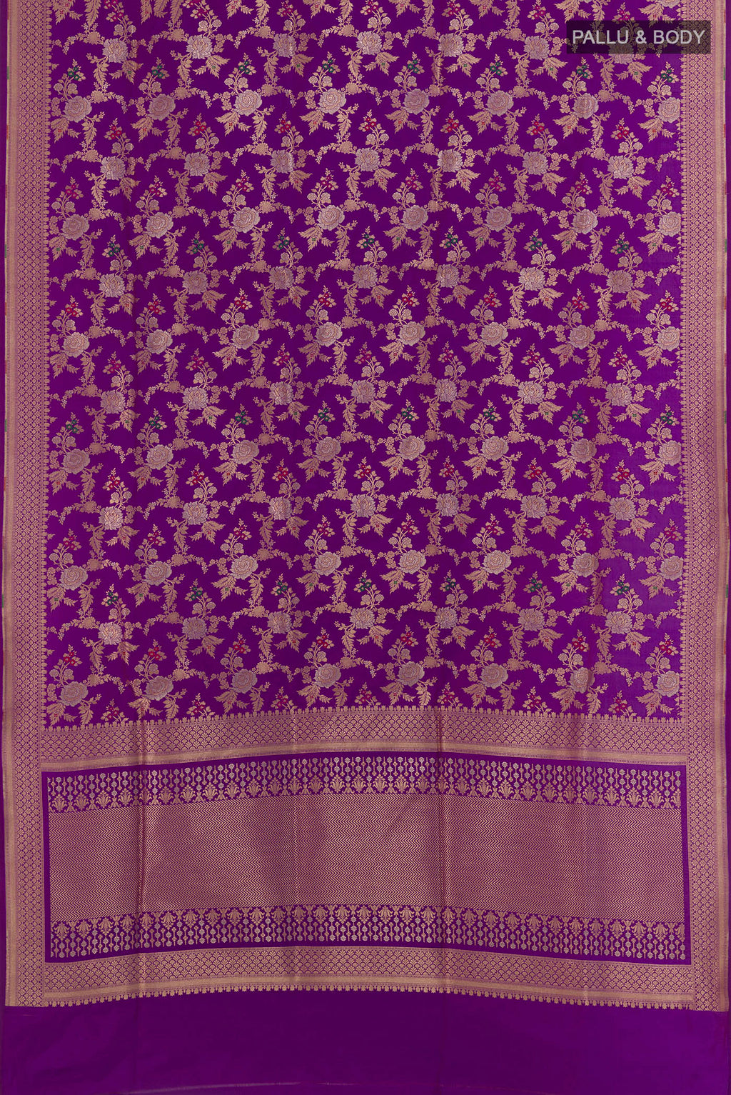Flat view of Violet Banarasi Silk Saree with Zari Brocade on the body and Zari Border. 