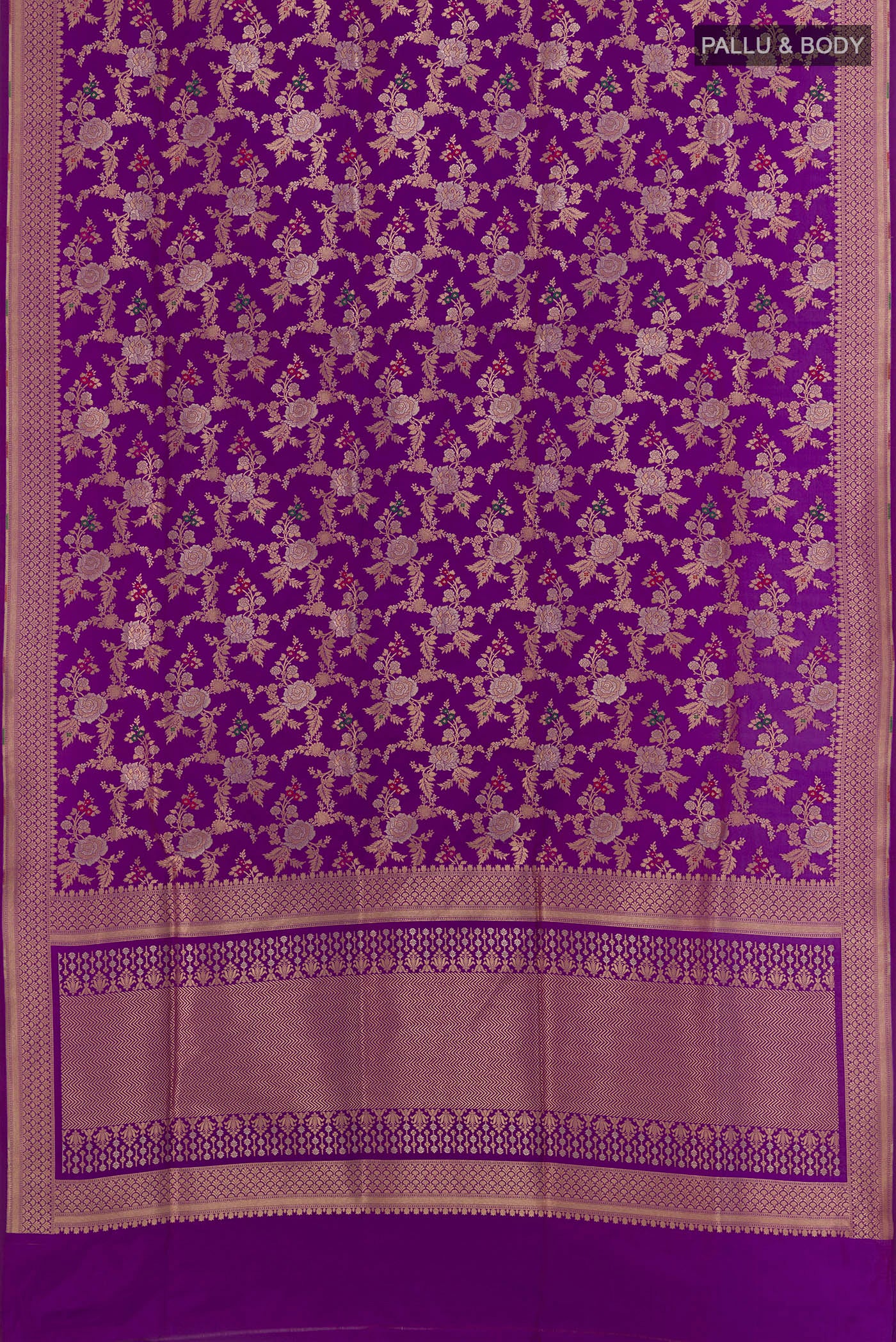 Flat view of Violet Banarasi Silk Saree with Zari Brocade on the body and Zari Border. 