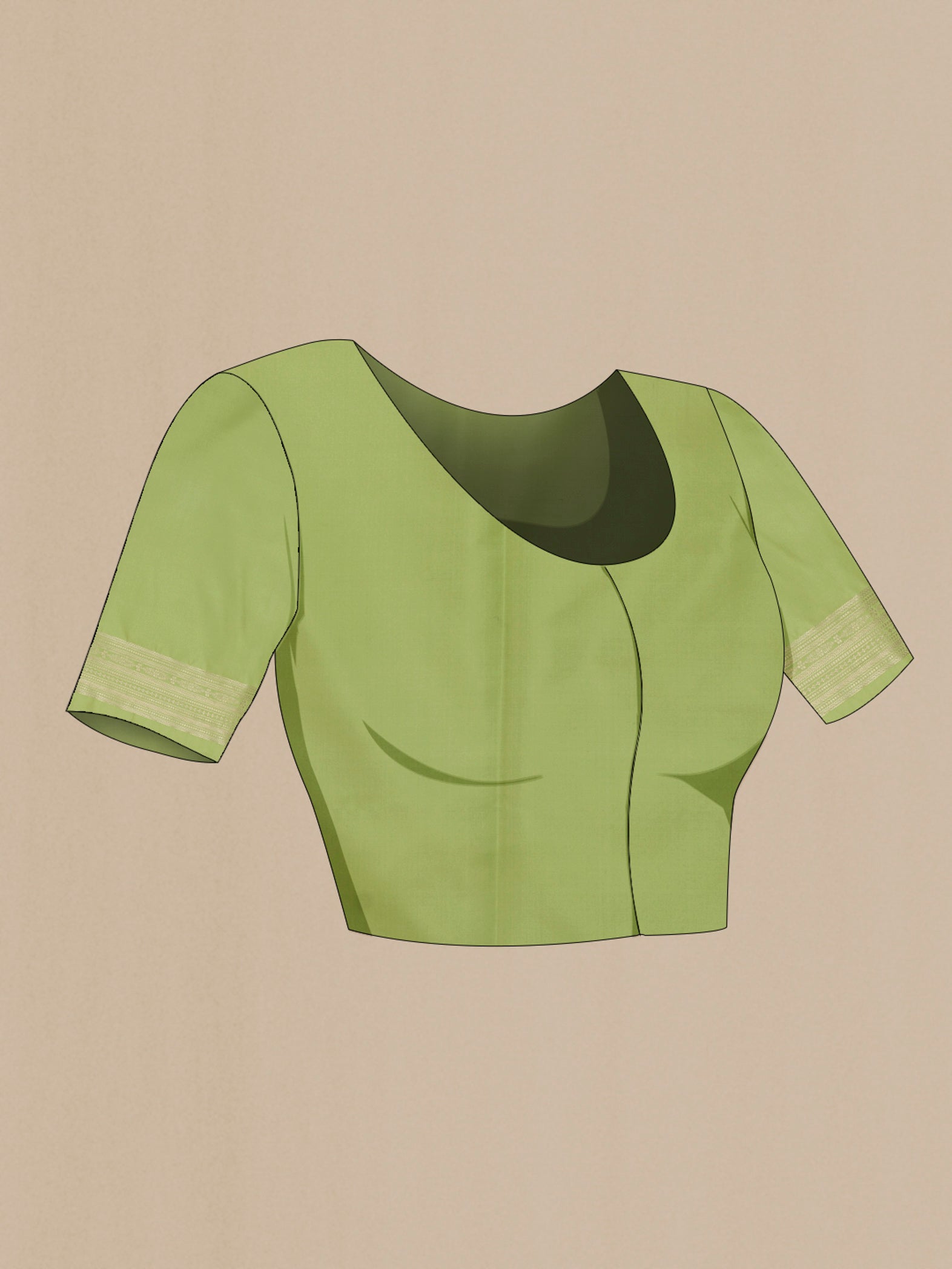 Close up image of the blouse of Pista Green Banarasi Silk Saree with Jacquard With Zari Butta on the body and Zari Border. 