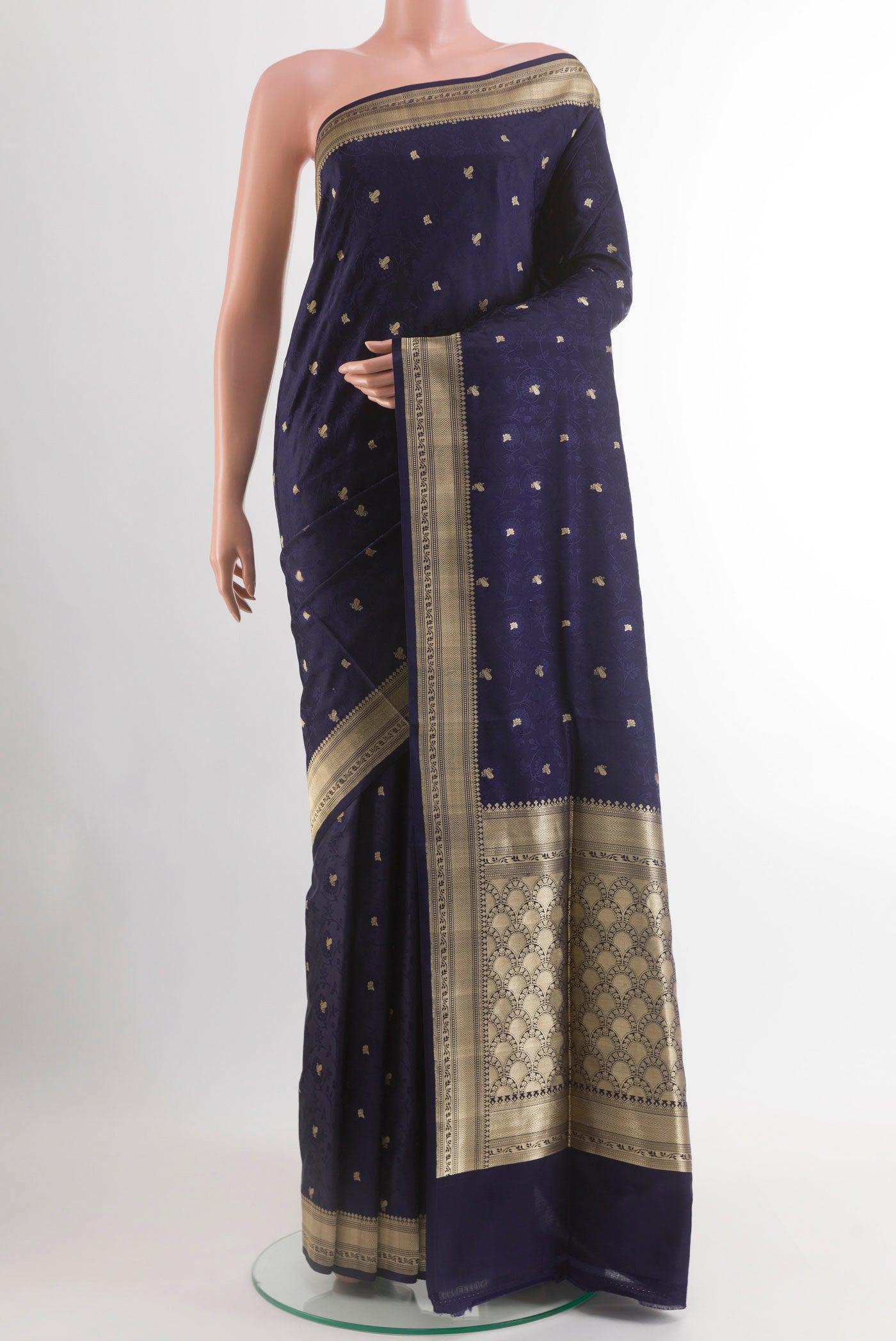 Navy Blue Banarasi Silk Saree with Jacquard With Zari Butta on the body and Zari Border.  displayed on a mannequin
