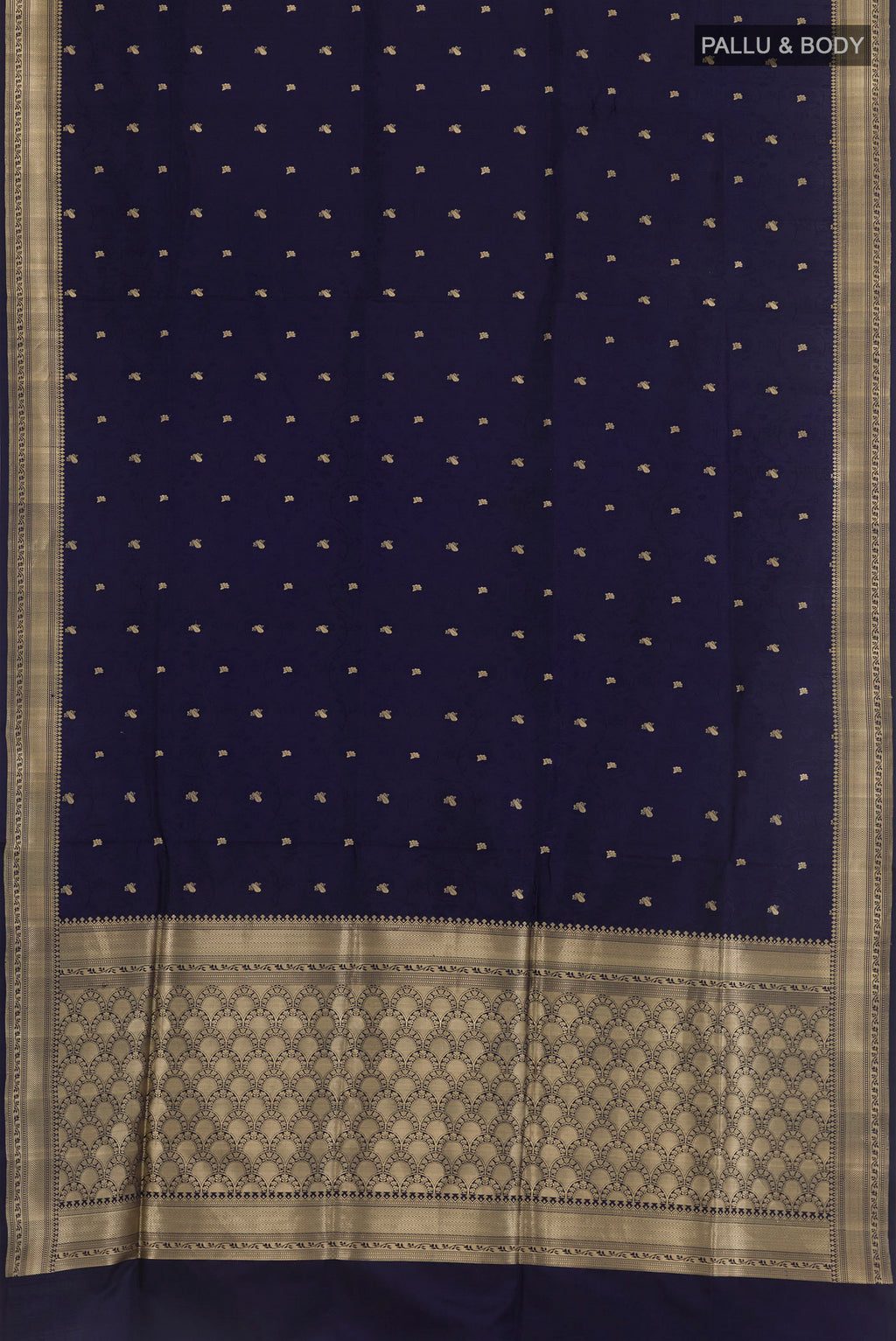 Flat view of Navy Blue Banarasi Silk Saree with Jacquard With Zari Butta on the body and Zari Border. 
