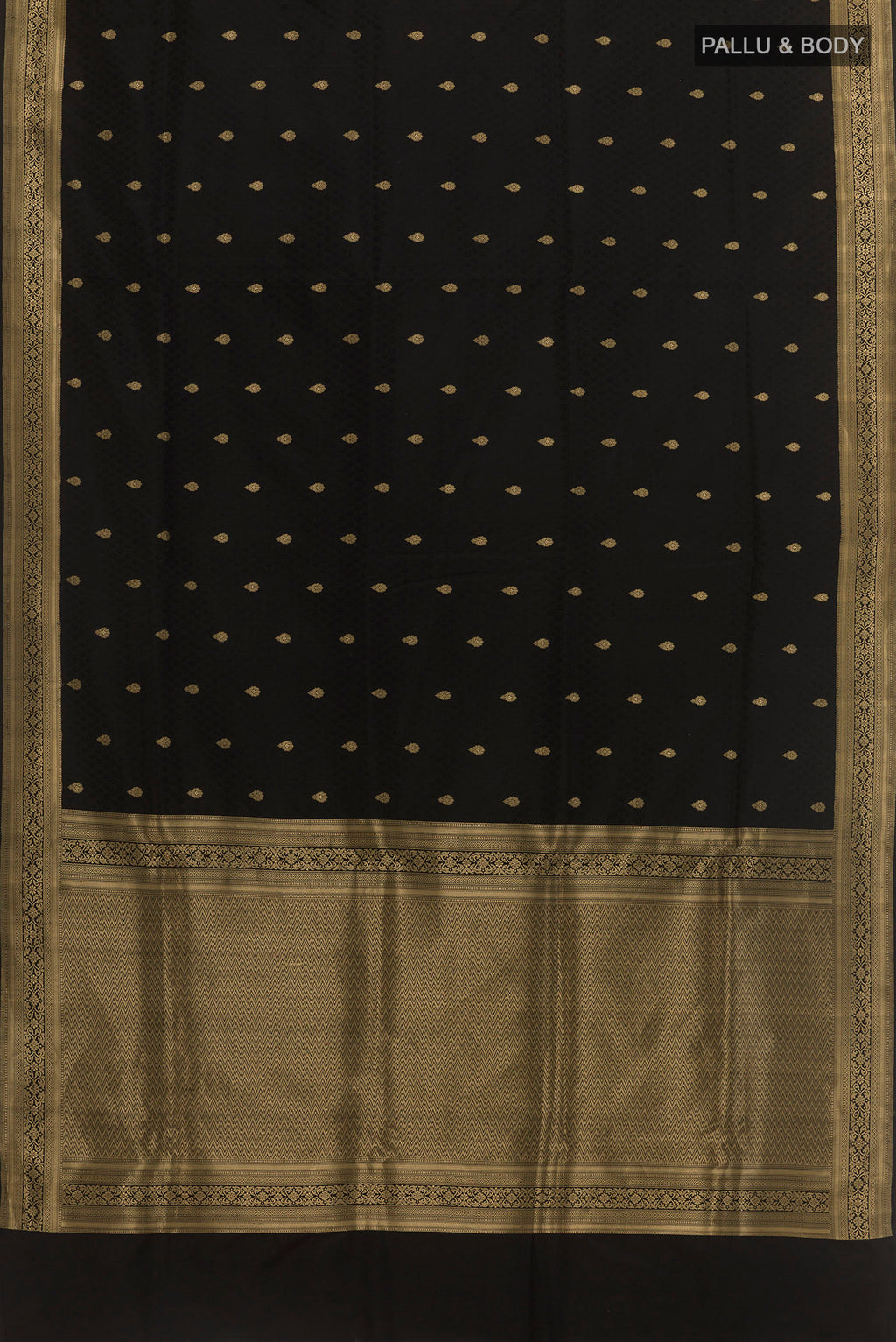 Flat view of Black Banarasi Silk Saree with Jacquard With Zari Butta on the body and Zari Border. 