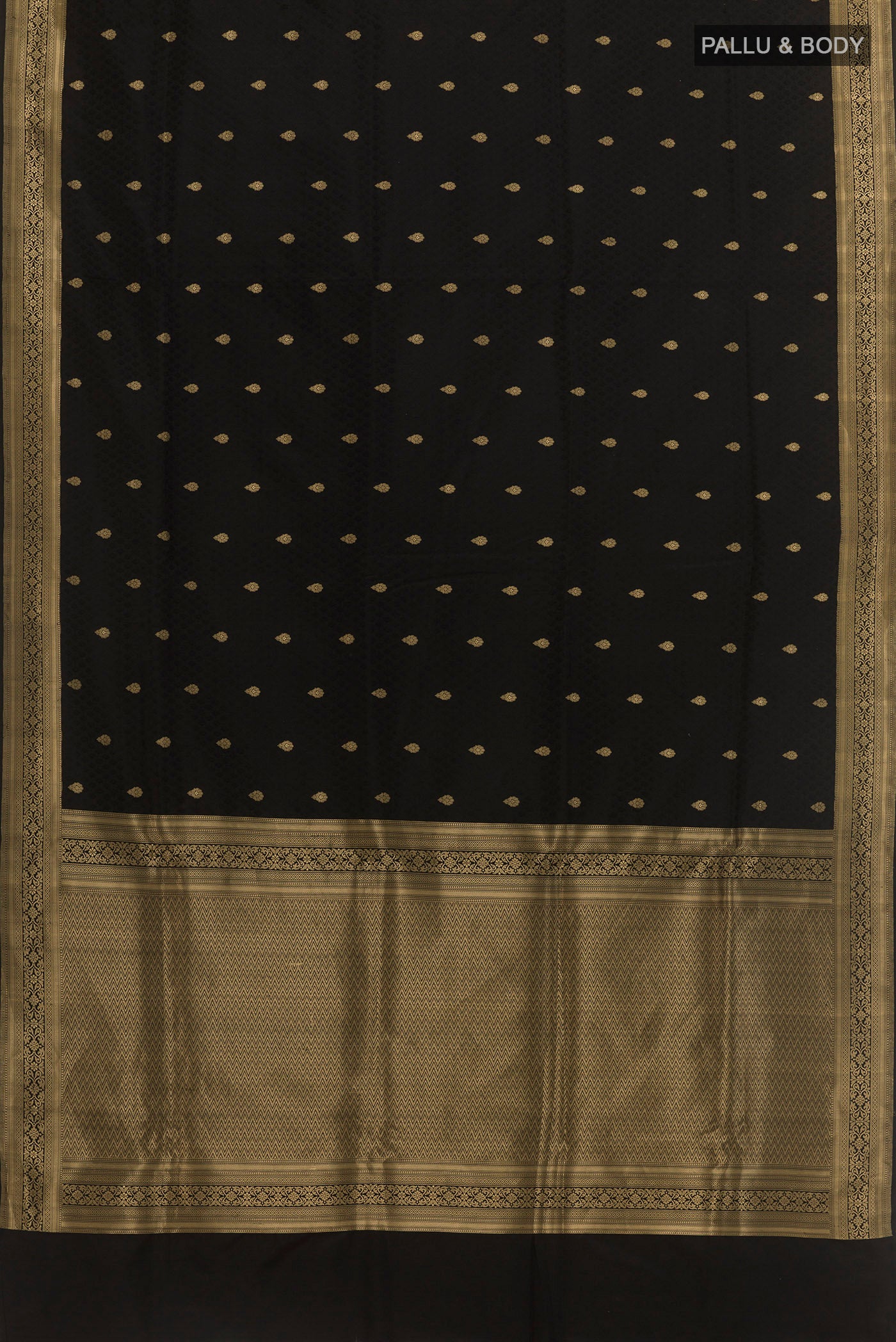 Flat view of Black Banarasi Silk Saree with Jacquard With Zari Butta on the body and Zari Border. 