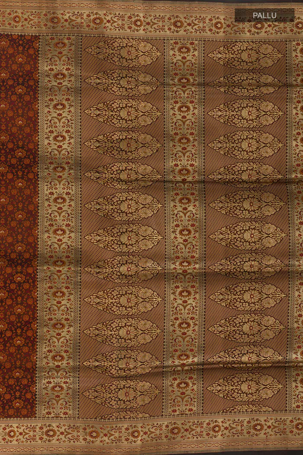 Close up image of the pallu of Brown Banarasi Tanchoi Silk Saree with Jacquard design on the body and Zari Border. 