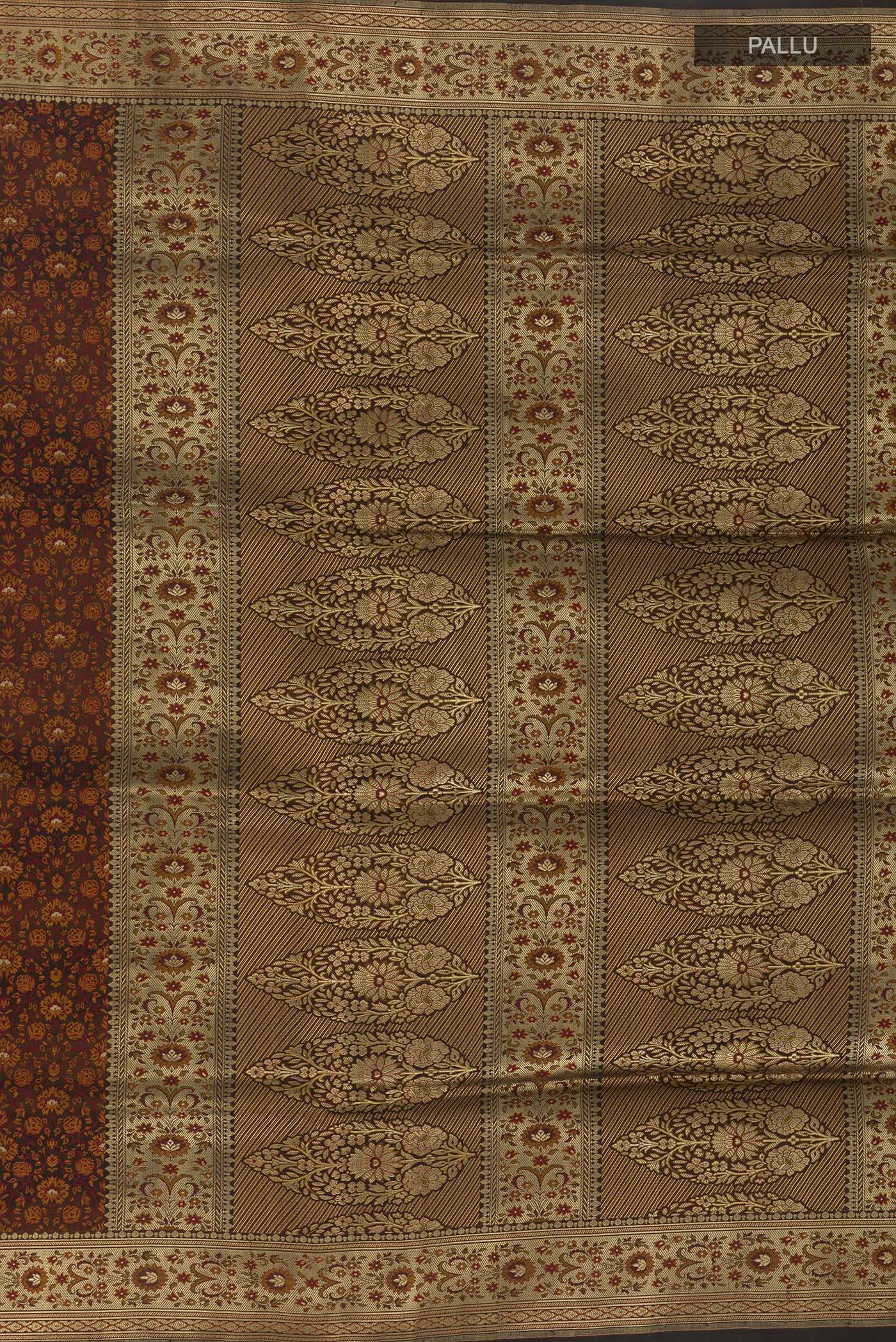 Close up image of the pallu of Brown Banarasi Tanchoi Silk Saree with Jacquard design on the body and Zari Border. 