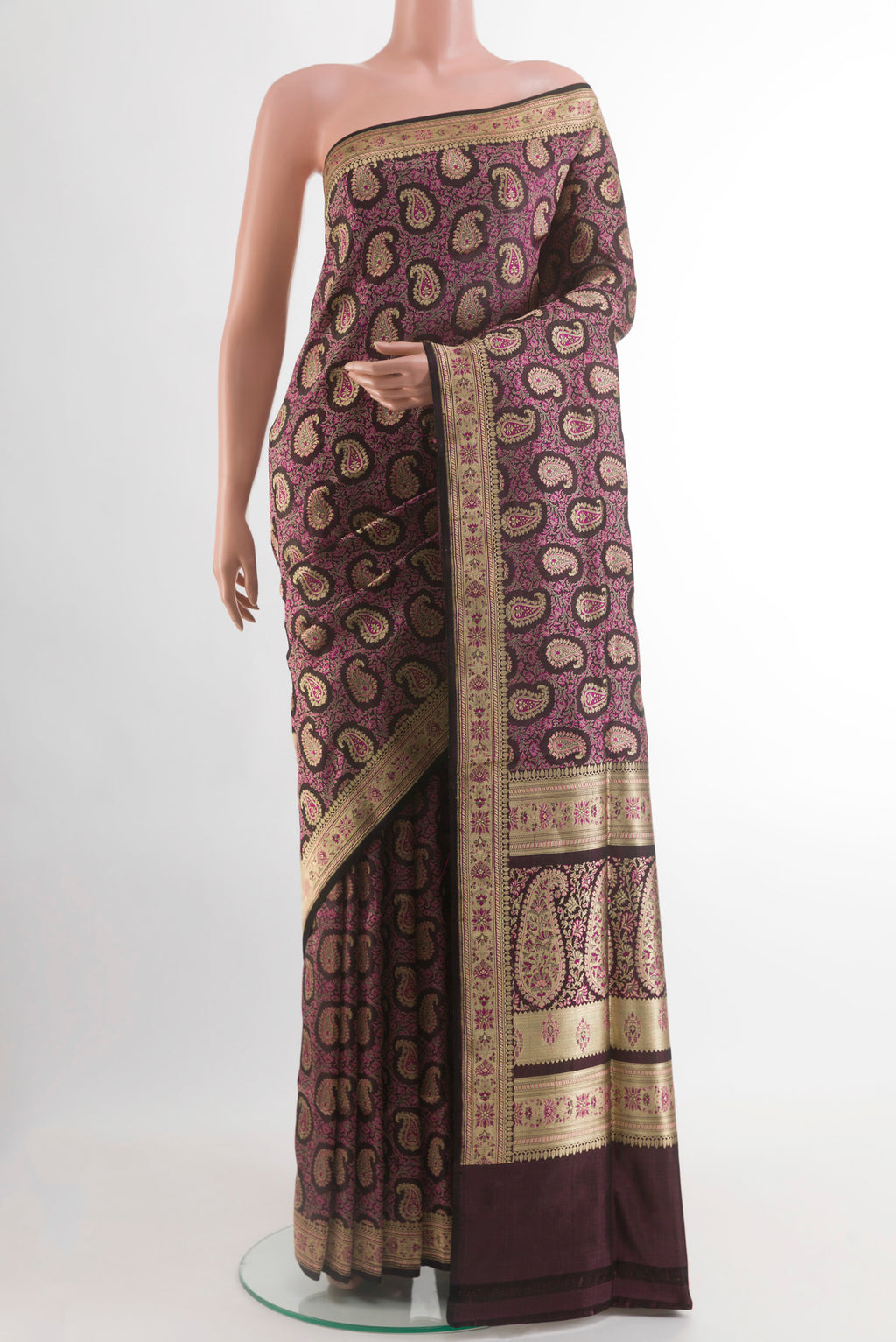 Purple Banarasi Silk Saree with Zari Brocade on the body and Zari Border.  displayed on a mannequin
