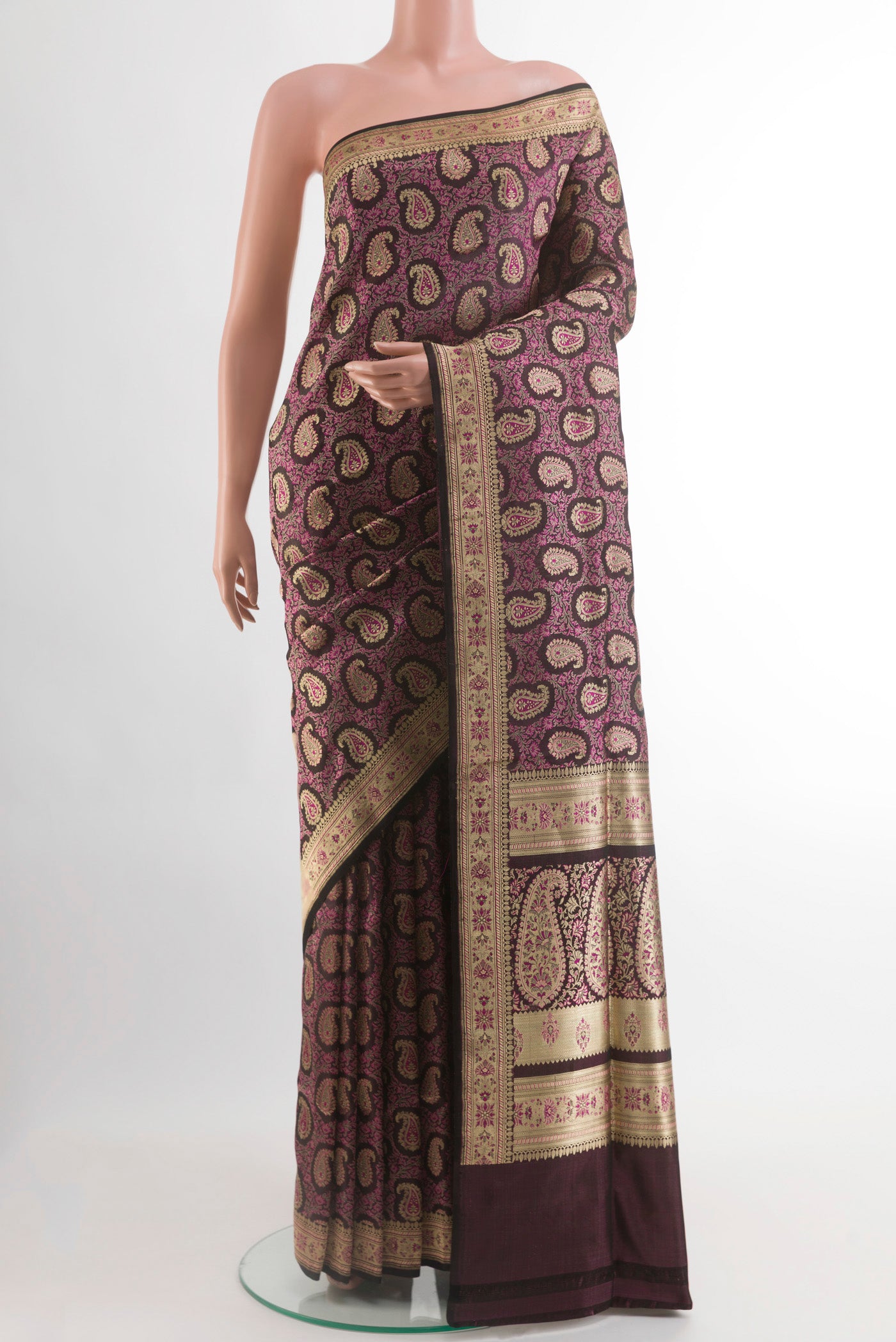 Purple Banarasi Silk Saree with Zari Brocade on the body and Zari Border.  displayed on a mannequin