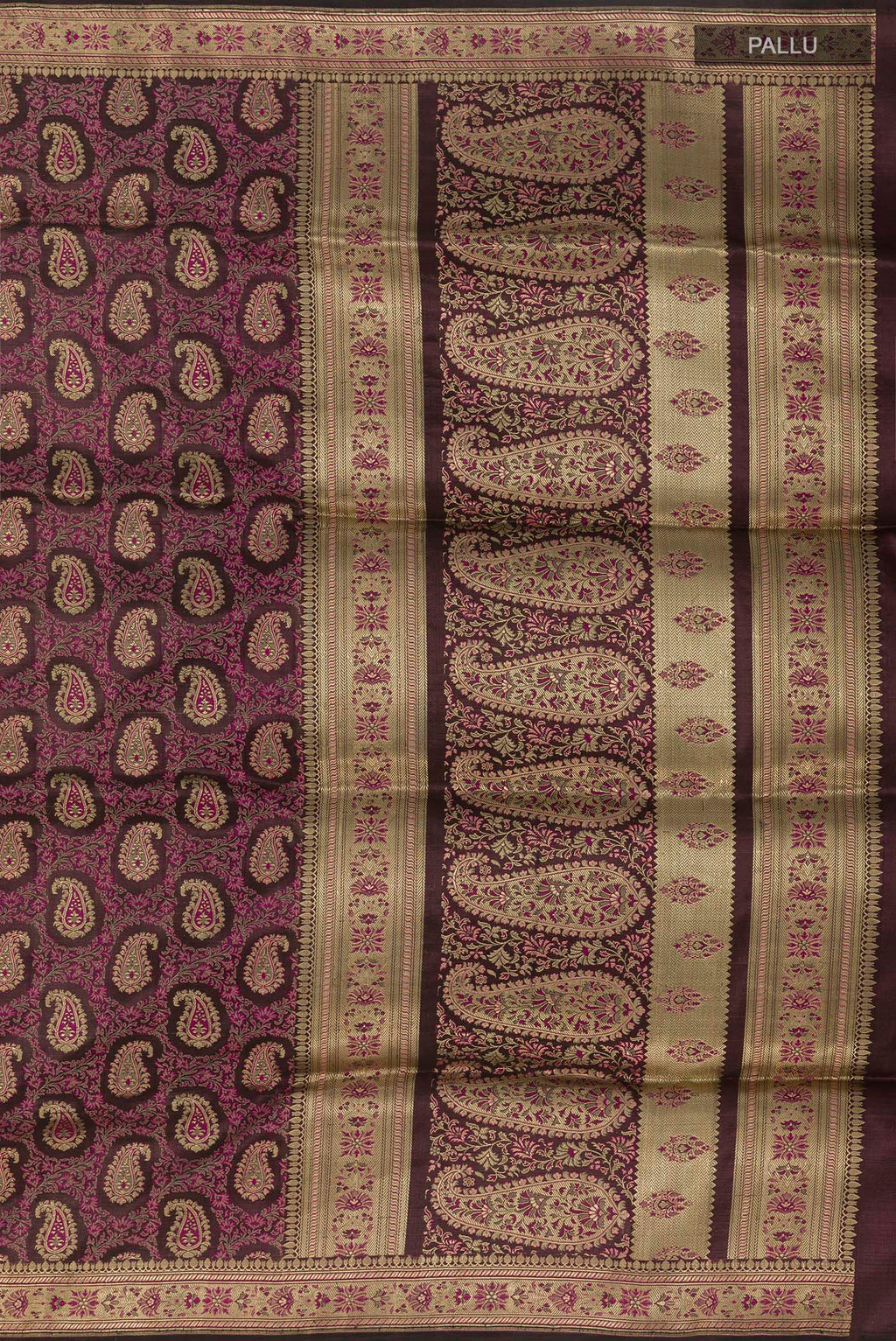 Close up image of the pallu of Purple Banarasi Silk Saree with Zari Brocade on the body and Zari Border. 