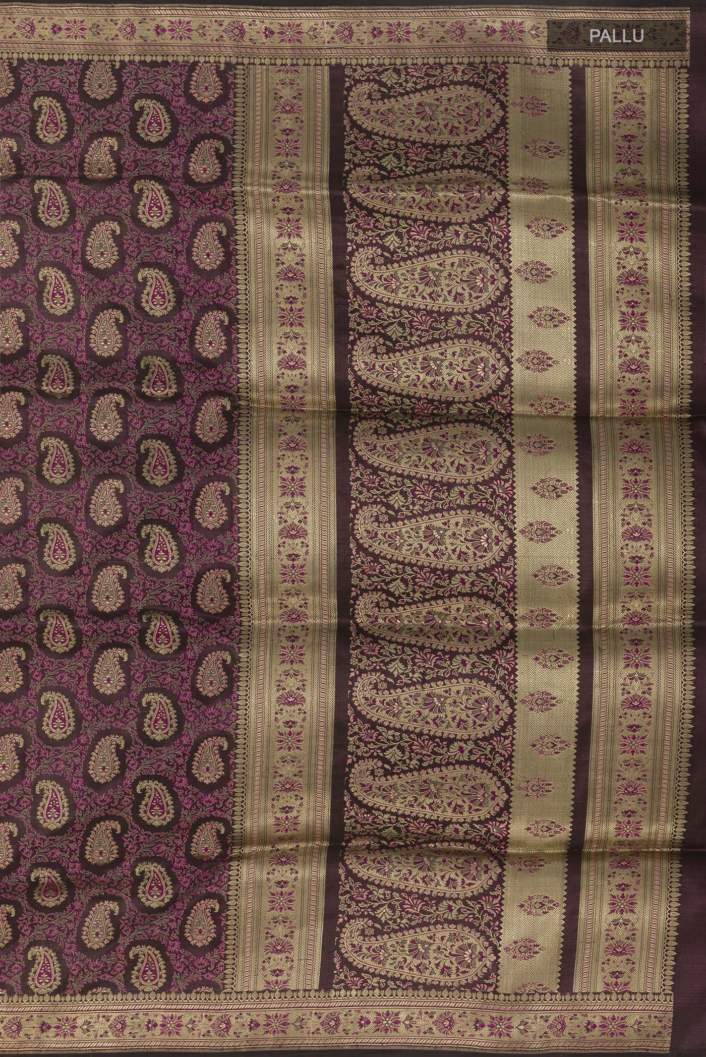 Close up image of the pallu of Purple Banarasi Silk Saree with Zari Brocade on the body and Zari Border. 