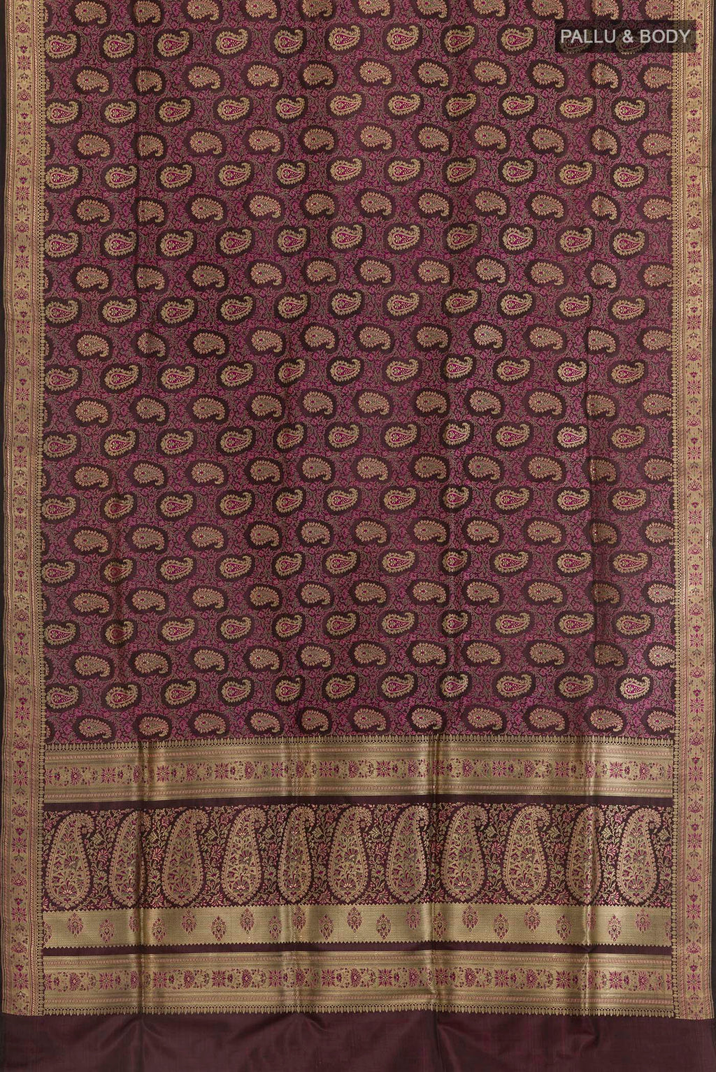 Flat view of Purple Banarasi Silk Saree with Zari Brocade on the body and Zari Border. 