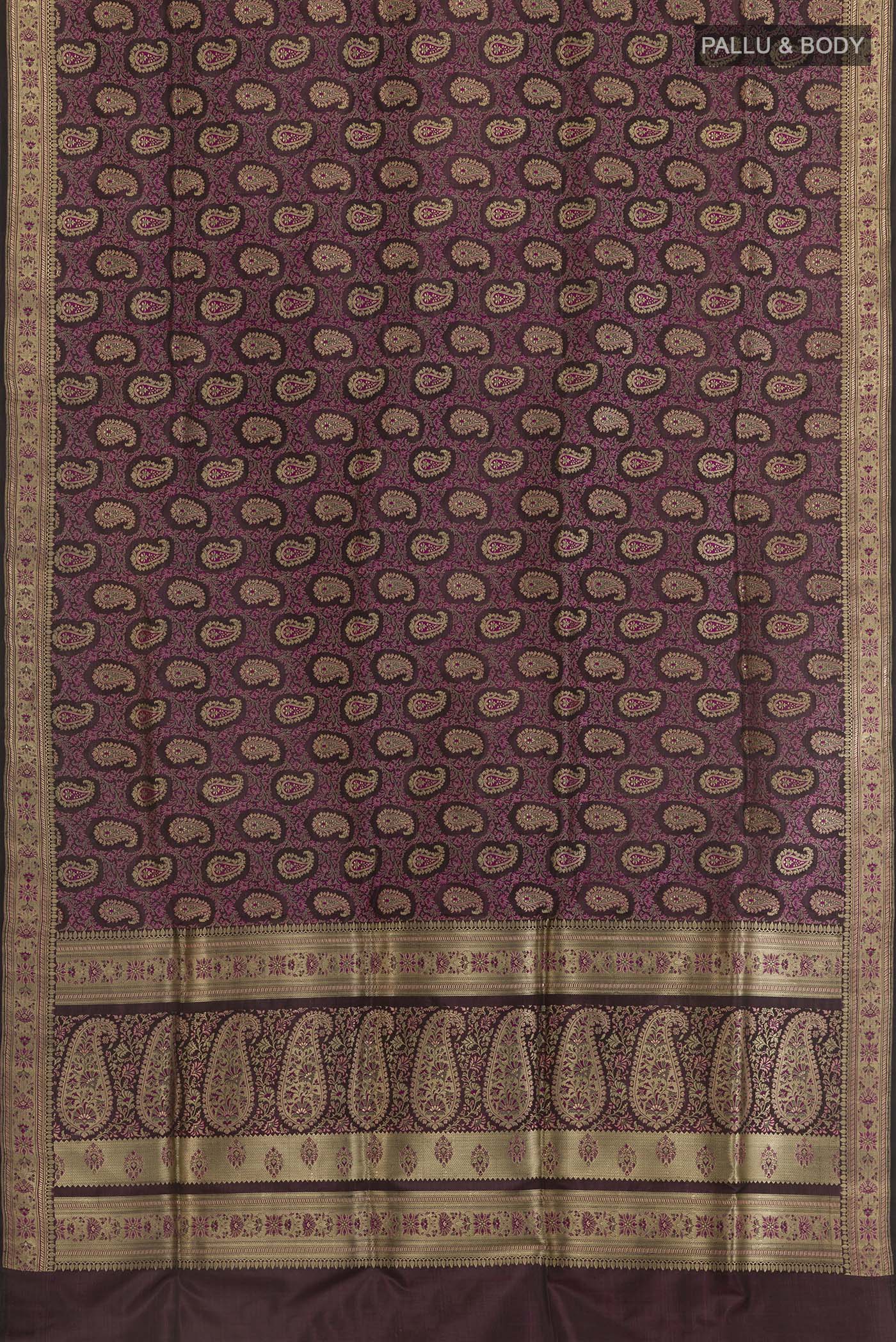Flat view of Purple Banarasi Silk Saree with Zari Brocade on the body and Zari Border. 
