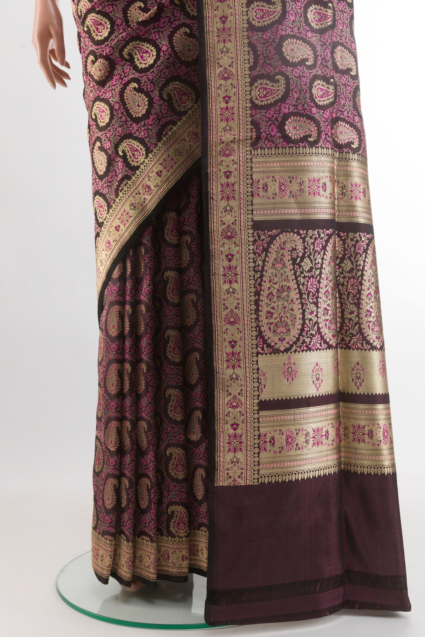 Pleats and pallu of Purple Banarasi Silk Saree with Zari Brocade on the body and Zari Border. 