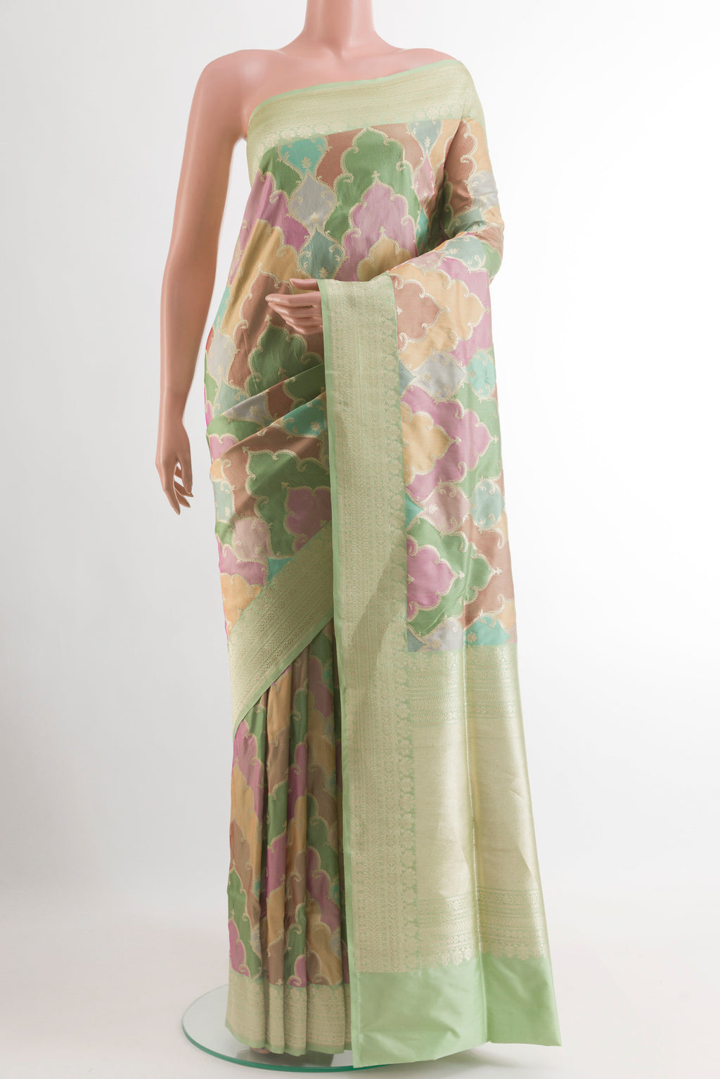 Multi Color Banarasi Silk Saree with Zari Brocade on the body and Zari Border.  displayed on a mannequin