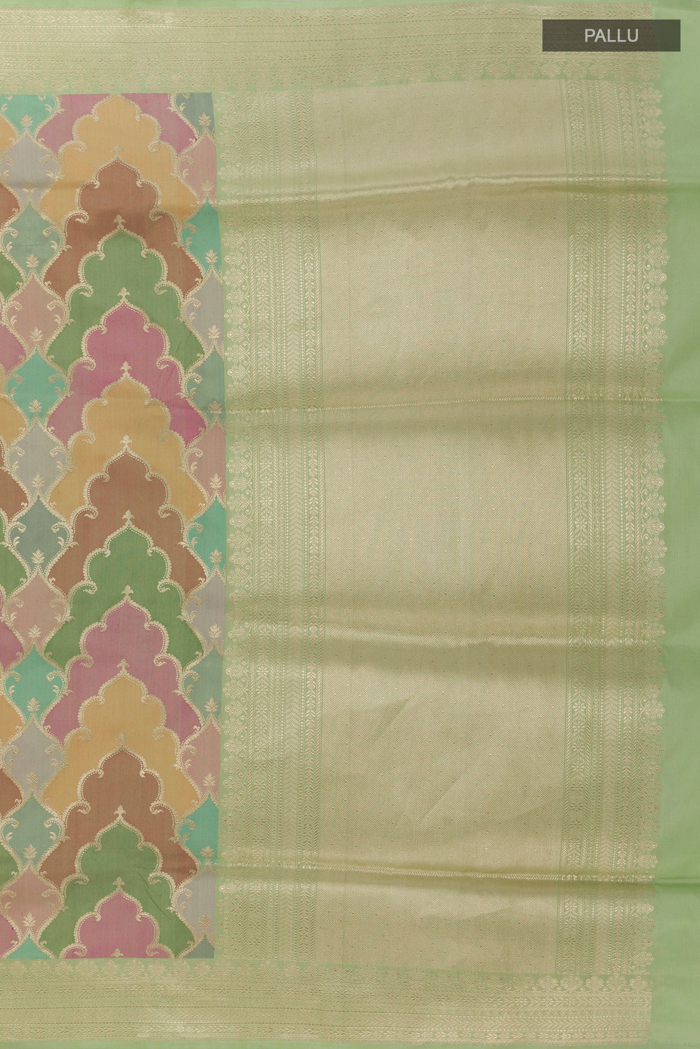 Close up image of the pallu of Multi Color Banarasi Silk Saree with Zari Brocade on the body and Zari Border. 