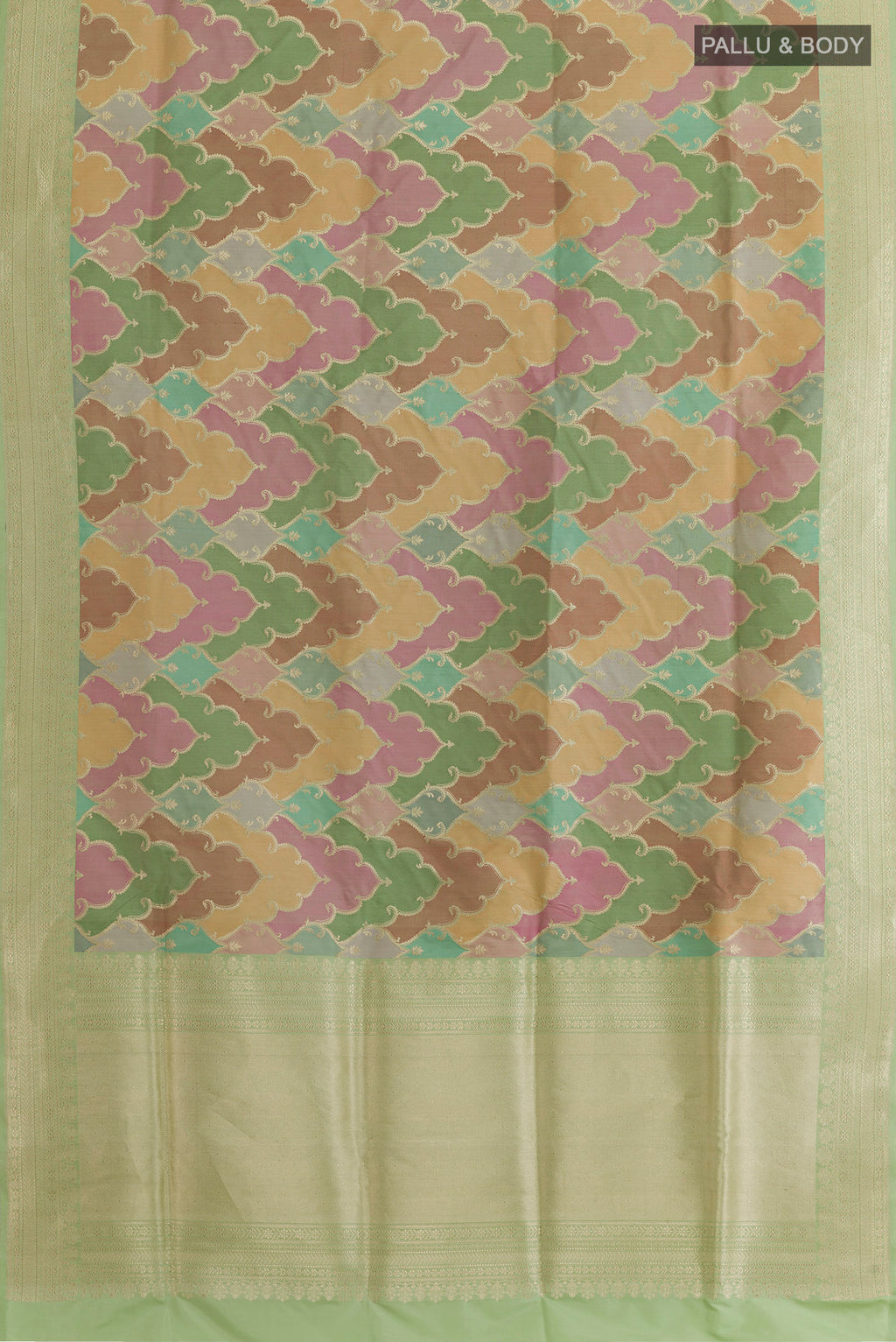 Flat view of Multi Color Banarasi Silk Saree with Zari Brocade on the body and Zari Border. 