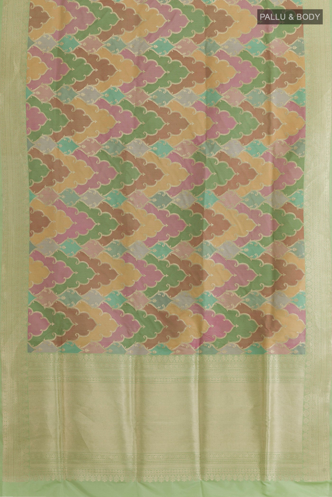 Flat view of Multi Color Banarasi Silk Saree with Zari Brocade on the body and Zari Border. 
