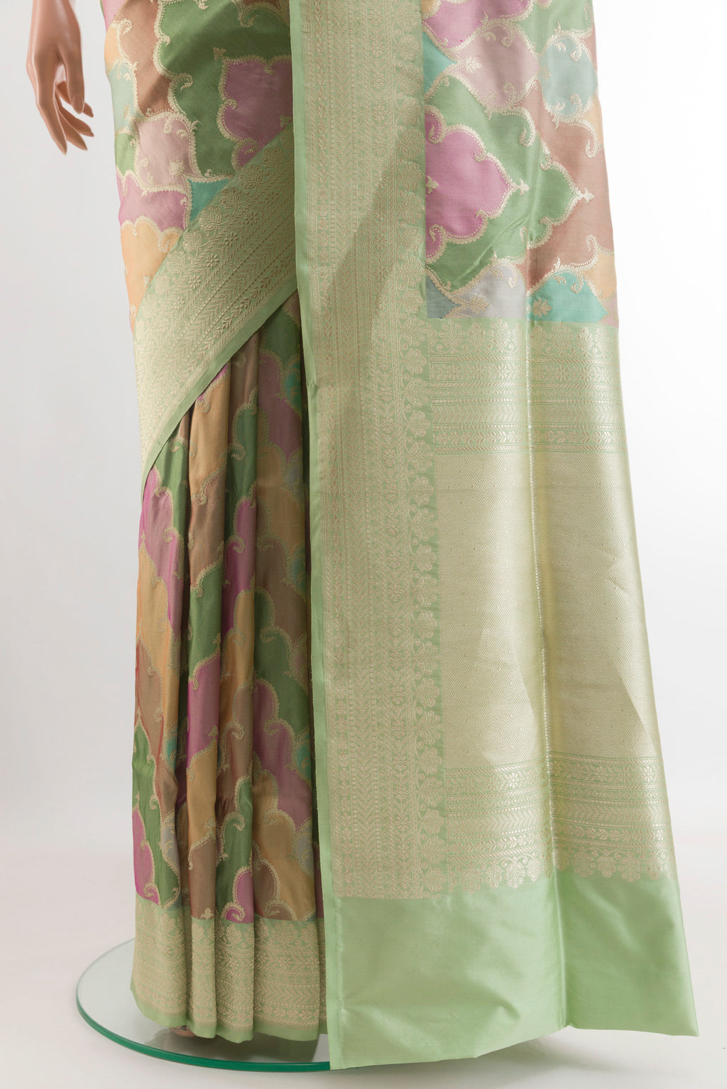 Pleats and pallu of Multi Color Banarasi Silk Saree with Zari Brocade on the body and Zari Border. 