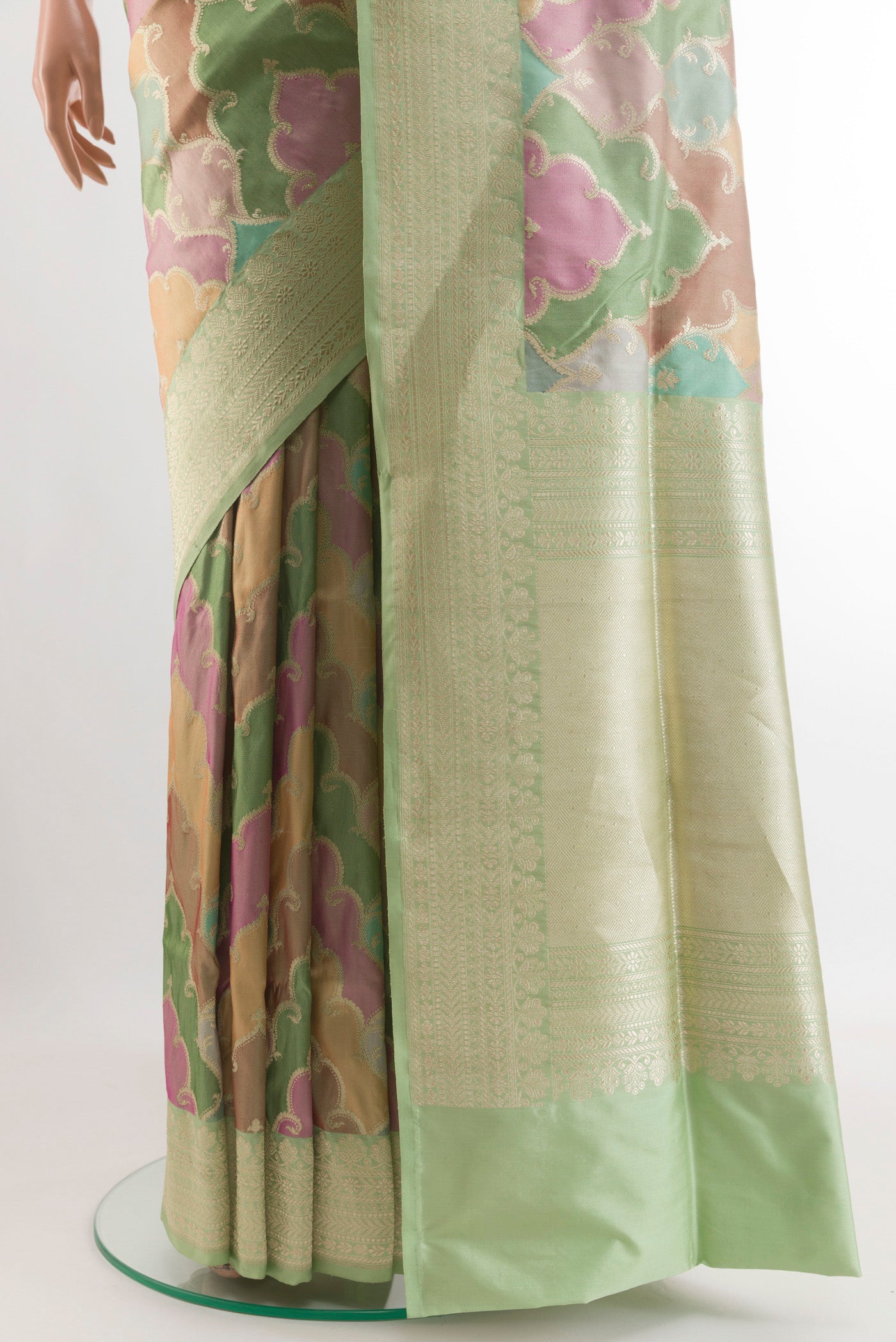 Pleats and pallu of Multi Color Banarasi Silk Saree with Zari Brocade on the body and Zari Border. 