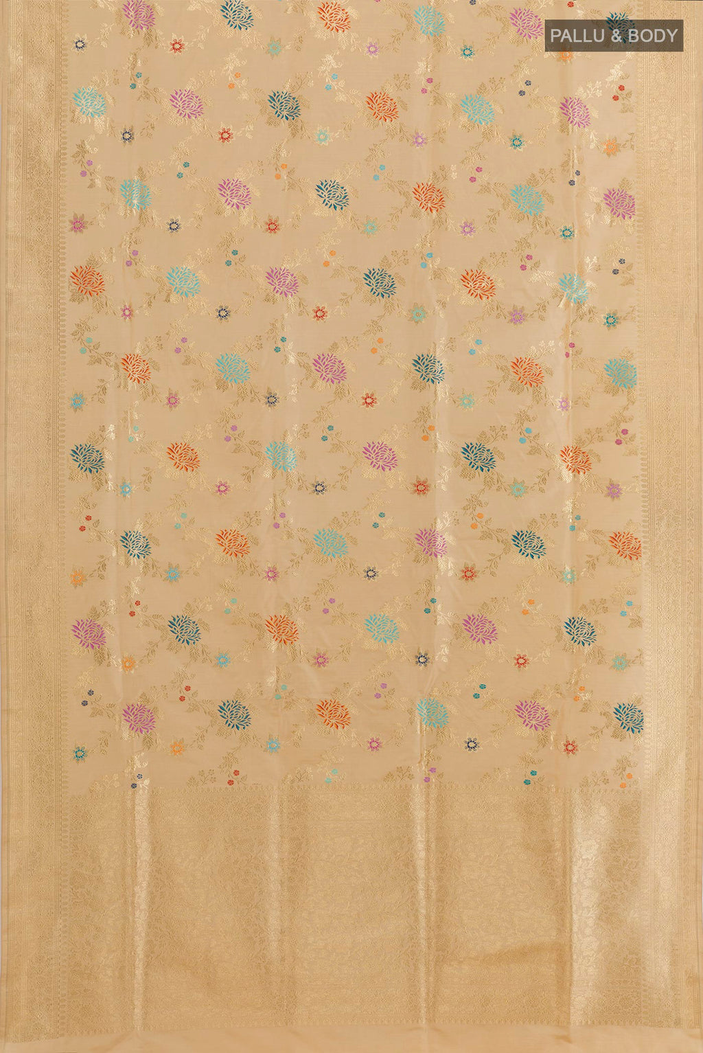 Close up image of the pallu of Beige Banarasi Silk Saree with Zari And Thread Butta on the body and Zari Border. 