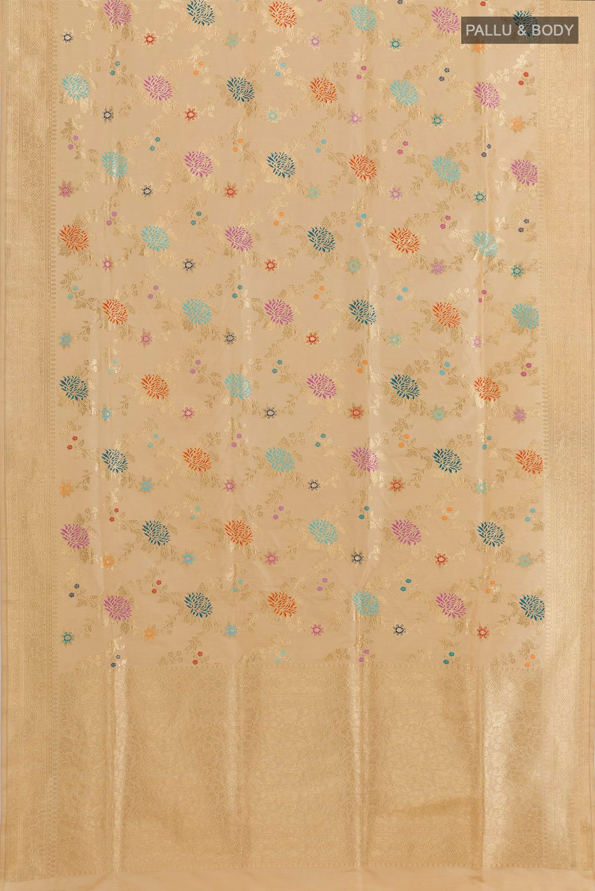 Close up image of the pallu of Beige Banarasi Silk Saree with Zari And Thread Butta on the body and Zari Border. 