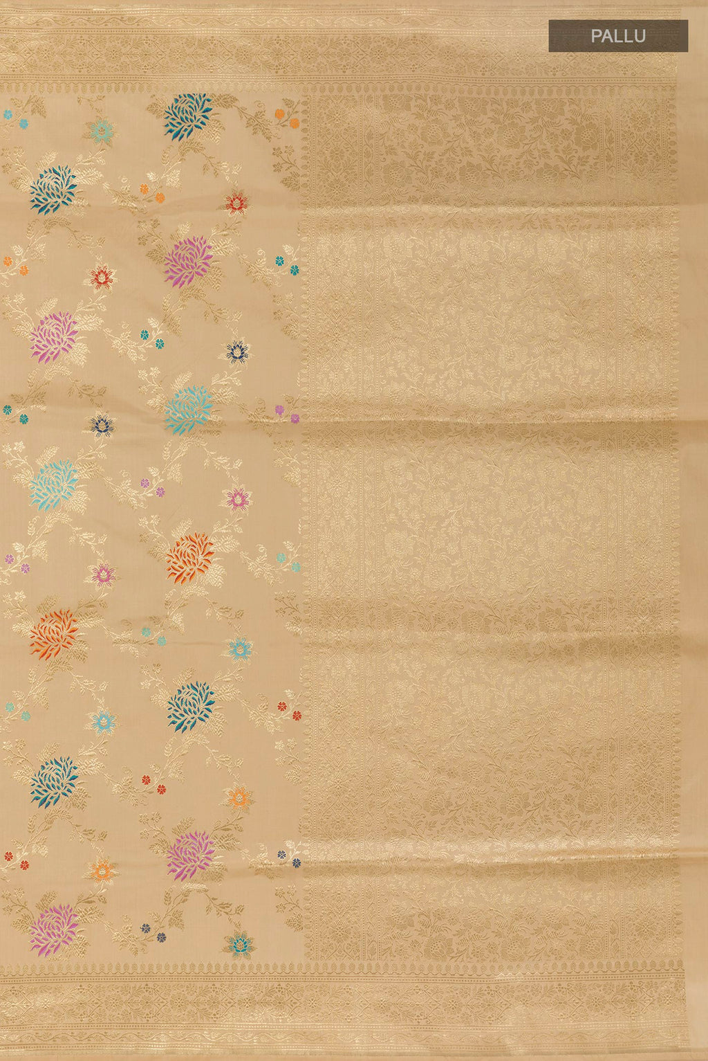 Flat view of Beige Banarasi Silk Saree with Zari And Thread Butta on the body and Zari Border. 