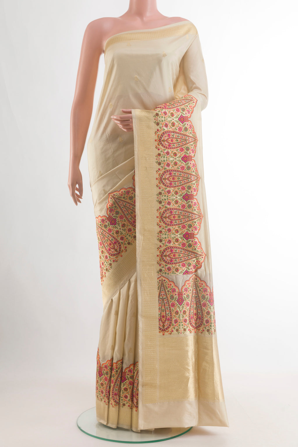 Pure Silk Cream Banarasi Saree with Zari Brocade on the body and Zari Border.  displayed on a mannequin