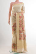 Pure Silk Cream Banarasi Saree with Zari Brocade on the body and Zari Border.  displayed on a mannequin