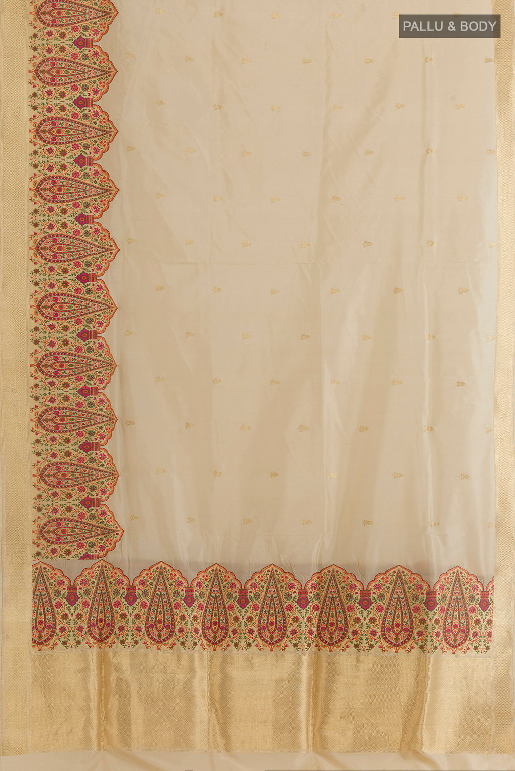 Flat view of Pure Silk Cream Banarasi Saree with Zari Brocade on the body and Zari Border. 