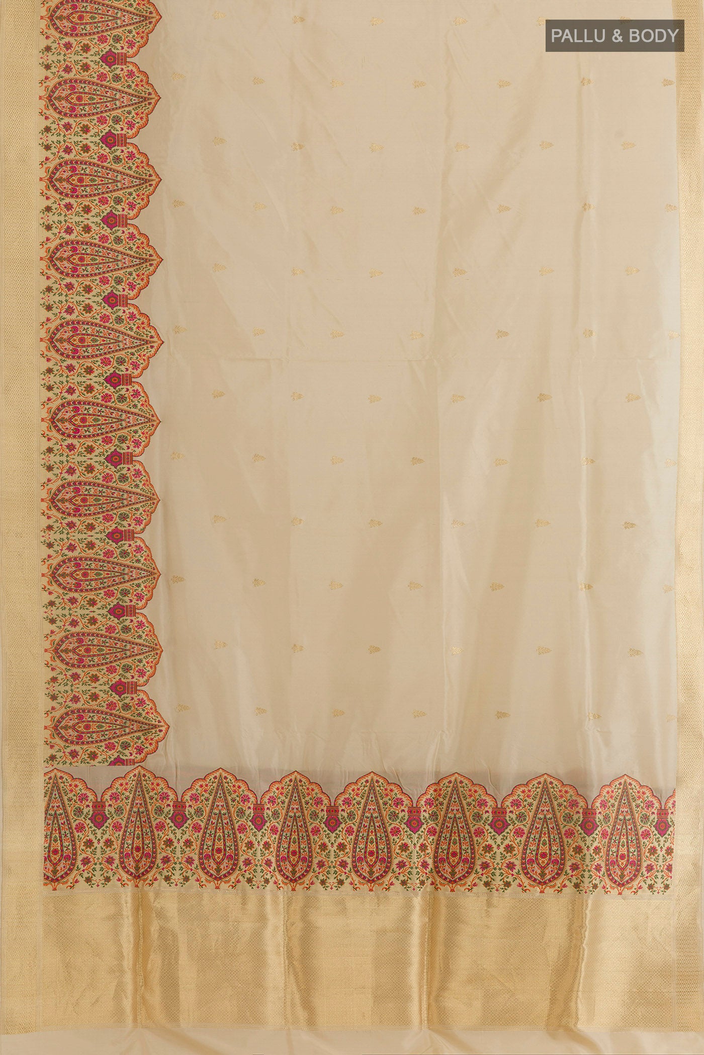 Flat view of Pure Silk Cream Banarasi Saree with Zari Brocade on the body and Zari Border. 