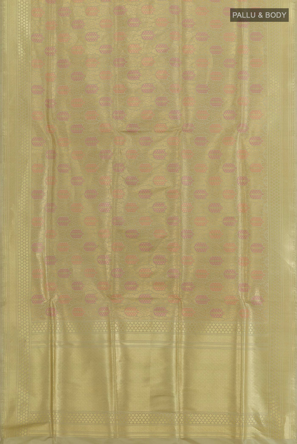 Close up image of the pallu of Beige Banarasi Silk Saree with Zari Brocade on the body and Zari Border. 