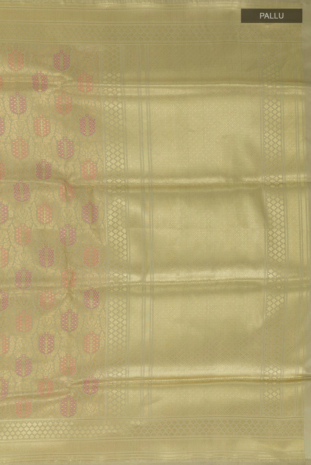 Flat view of Beige Banarasi Silk Saree with Zari Brocade on the body and Zari Border. 