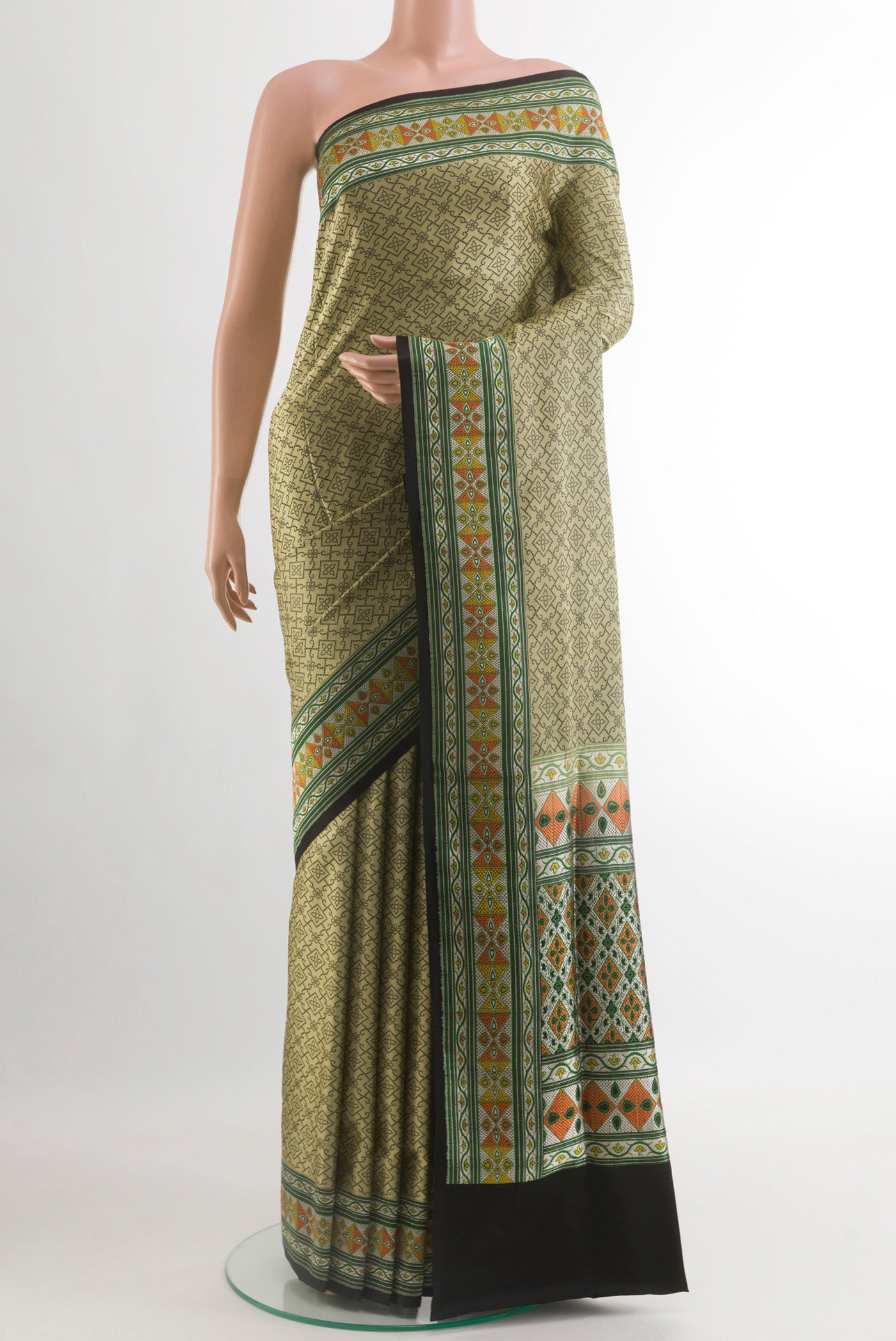 Beige Banarasi Tanchoi Silk Saree with Jamdani on the body and Embroidery Border.  displayed on a mannequin