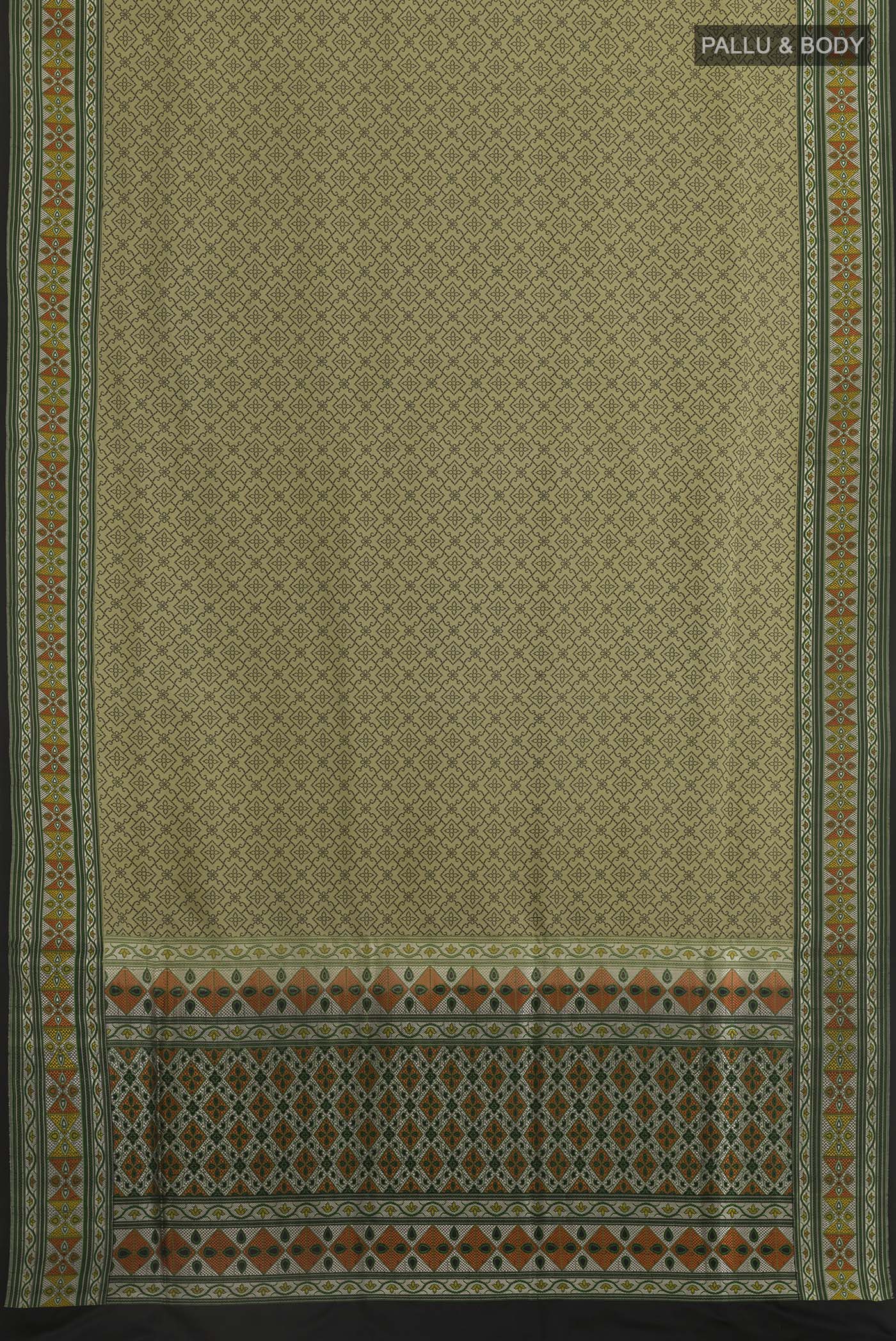 Flat view of Beige Banarasi Tanchoi Silk Saree with Jamdani on the body and Embroidery Border. 