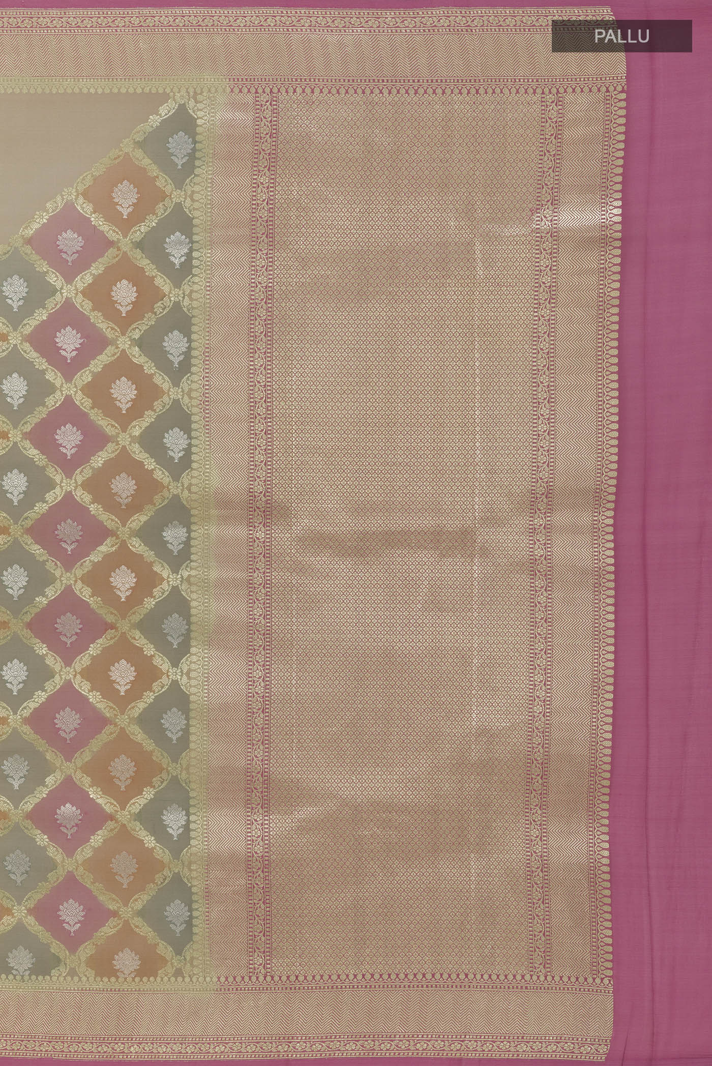 Close up image of the pallu of Beige Banarasi Georgette Saree with Zari Butta on the body and Zari Border. 