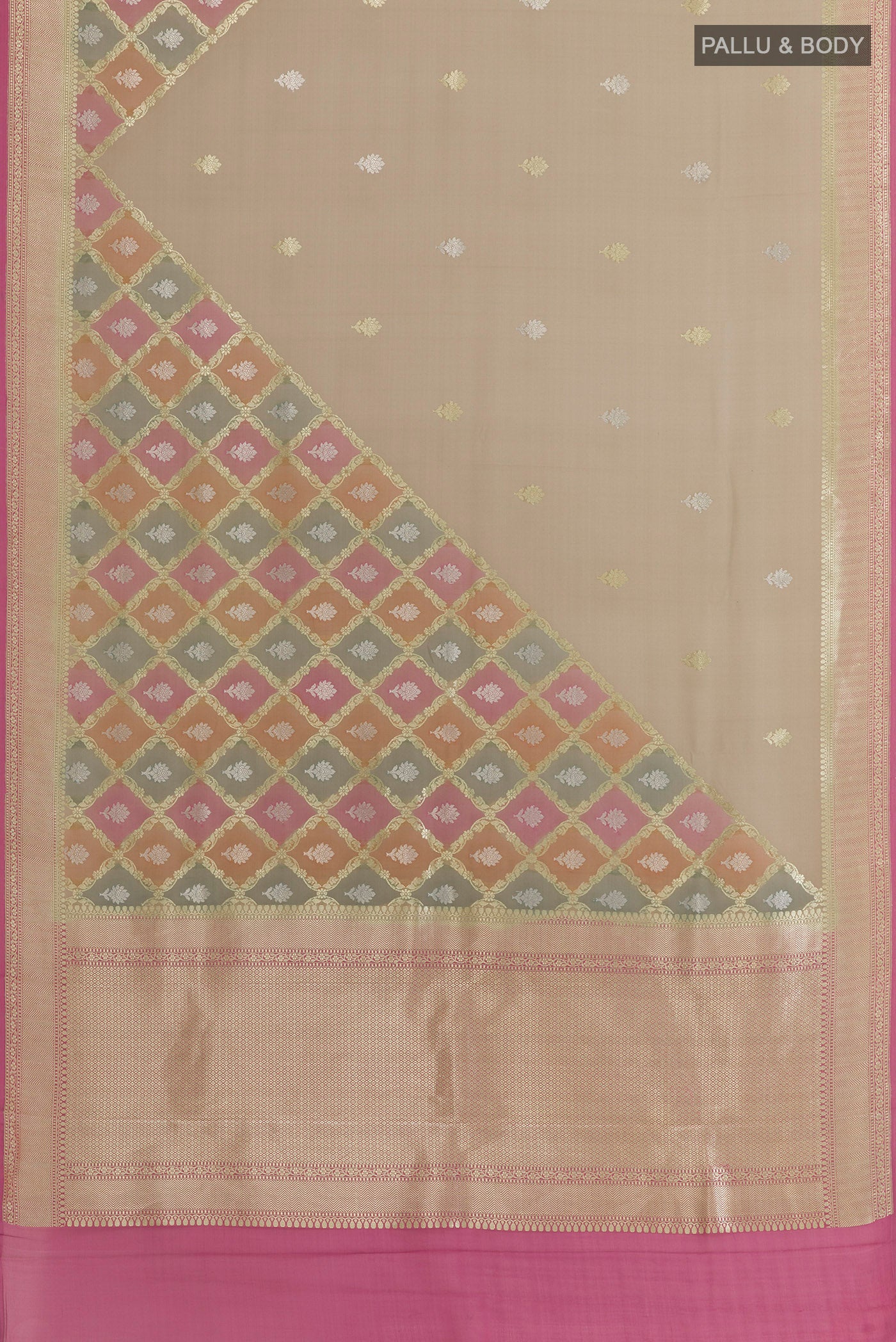 Flat view of Beige Banarasi Georgette Saree with Zari Butta on the body and Zari Border. 