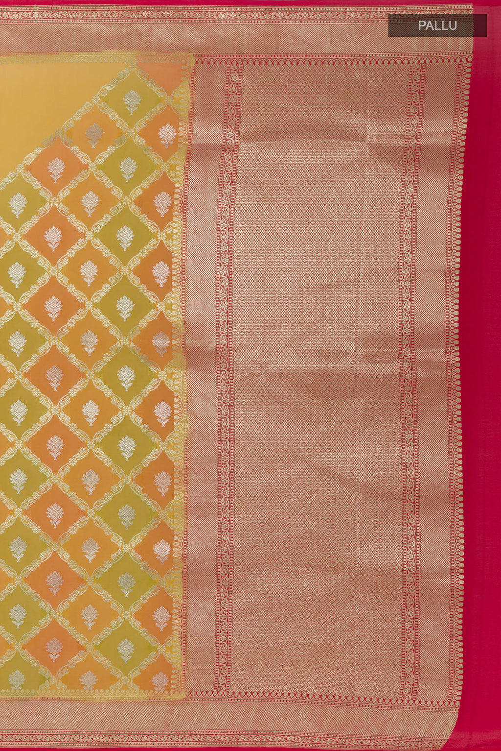 Close up image of the pallu of Yellow Banarasi Georgette Saree with Zari Butta on the body and Zari Border. 