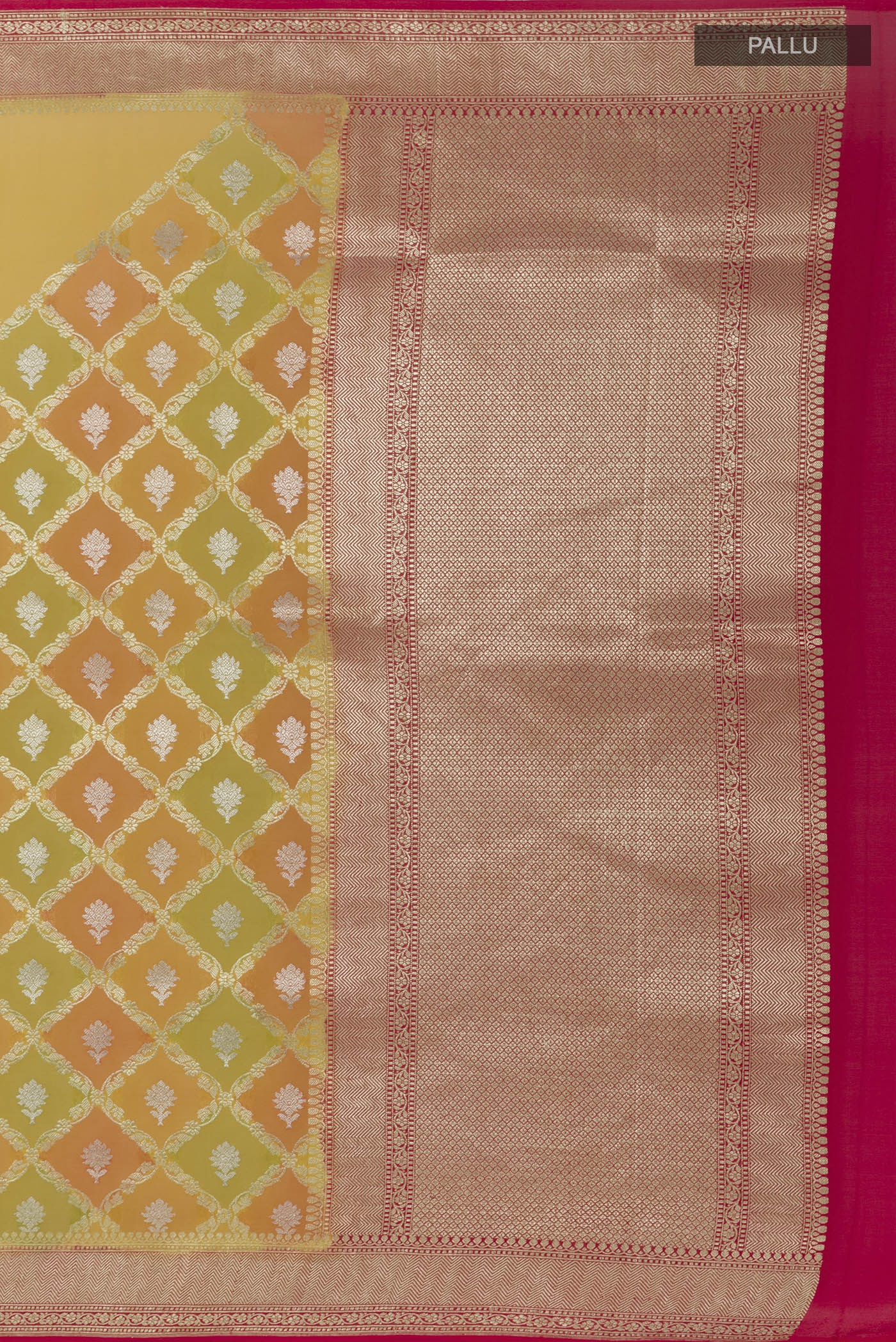 Close up image of the pallu of Yellow Banarasi Georgette Saree with Zari Butta on the body and Zari Border. 