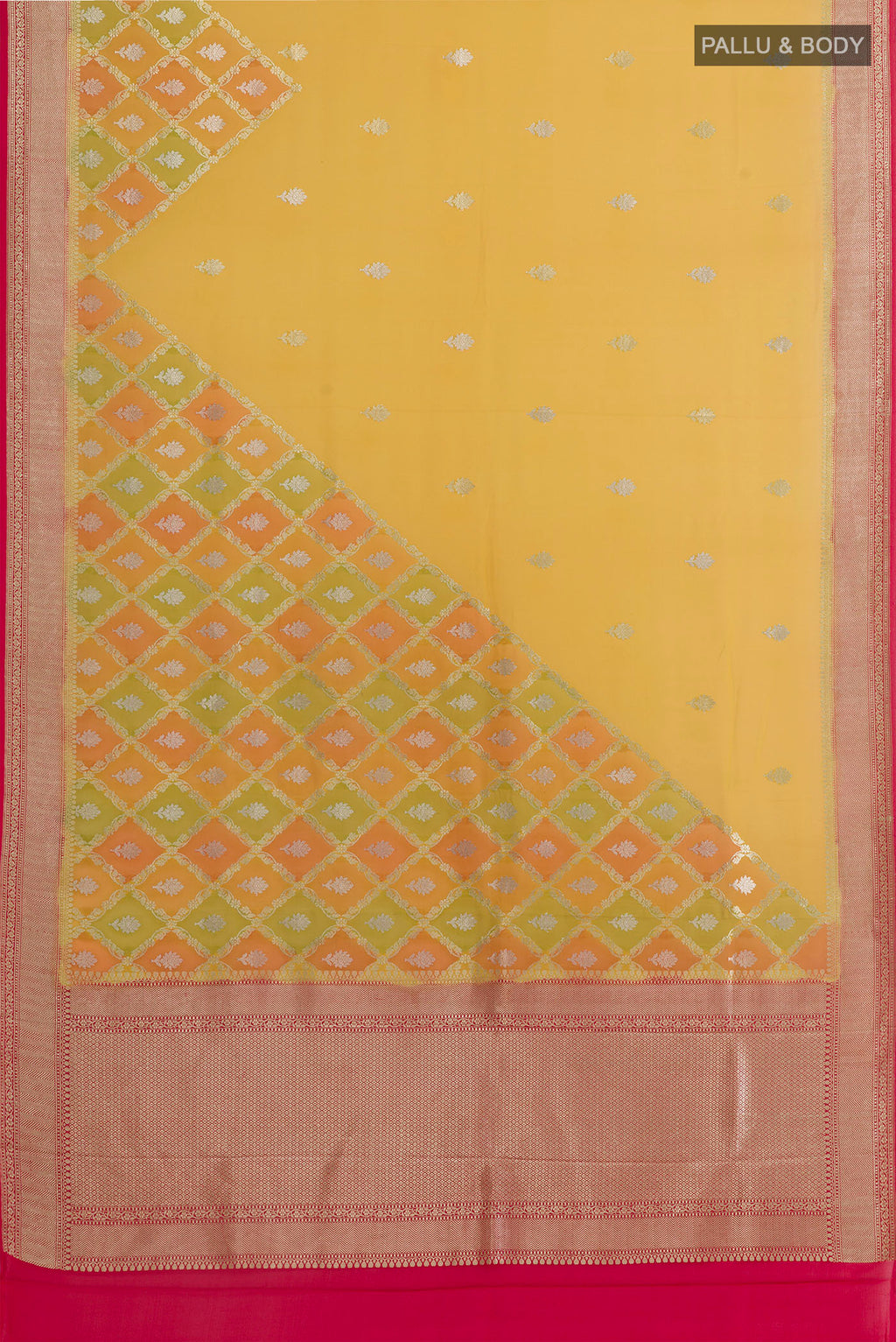 Flat view of Yellow Banarasi Georgette Saree with Zari Butta on the body and Zari Border. 