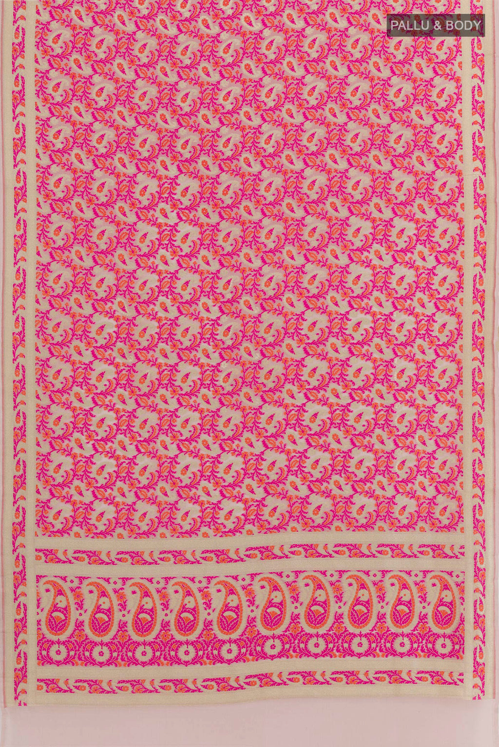 Flat view of Multi Color Banarasi Georgette Saree with Thread Brocade on the body and Thread Embroidery Border. 