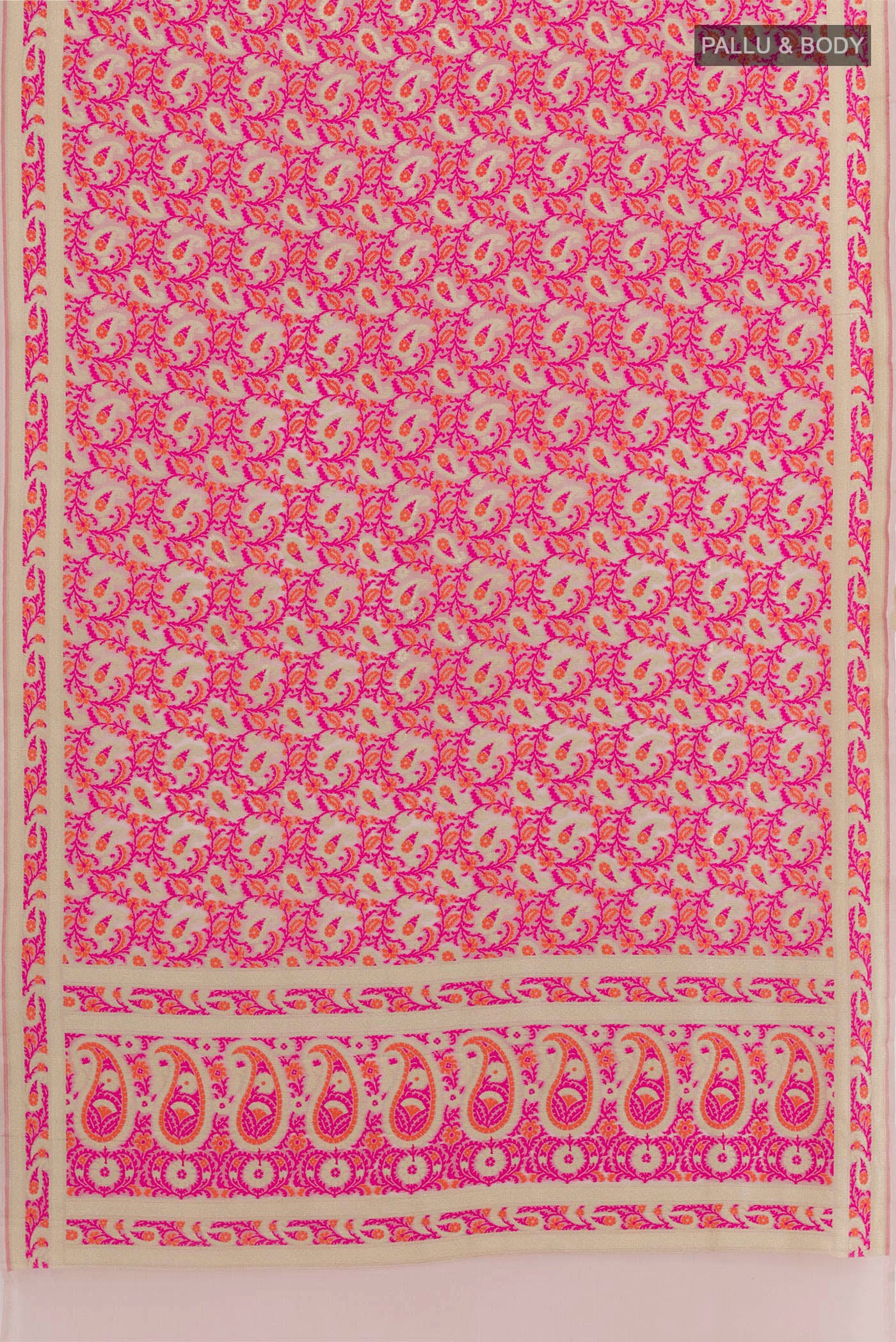 Flat view of Multi Color Banarasi Georgette Saree with Thread Brocade on the body and Thread Embroidery Border. 