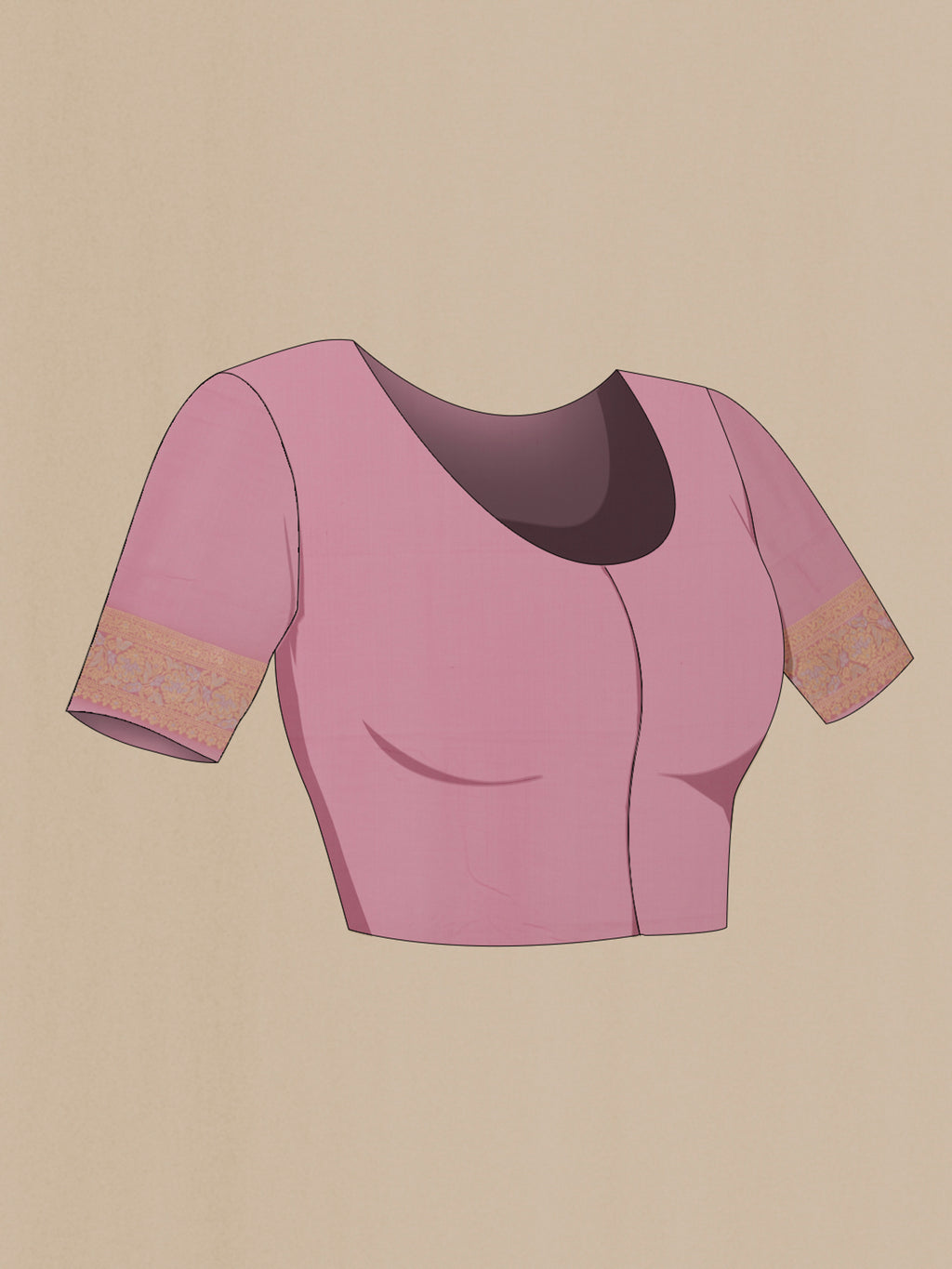 Close up image of the blouse of Pink Banarasi Georgette Saree with Zari Butta on the body and Zari Border. 
