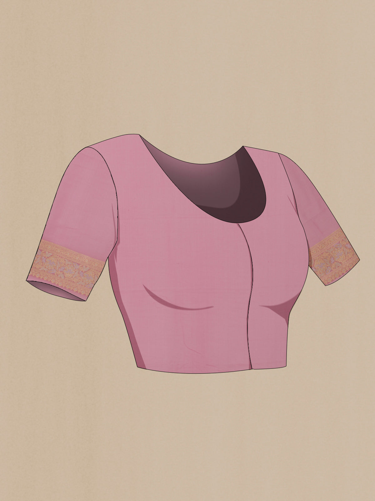 Close up image of the blouse of Pink Banarasi Georgette Saree with Zari Butta on the body and Zari Border. 