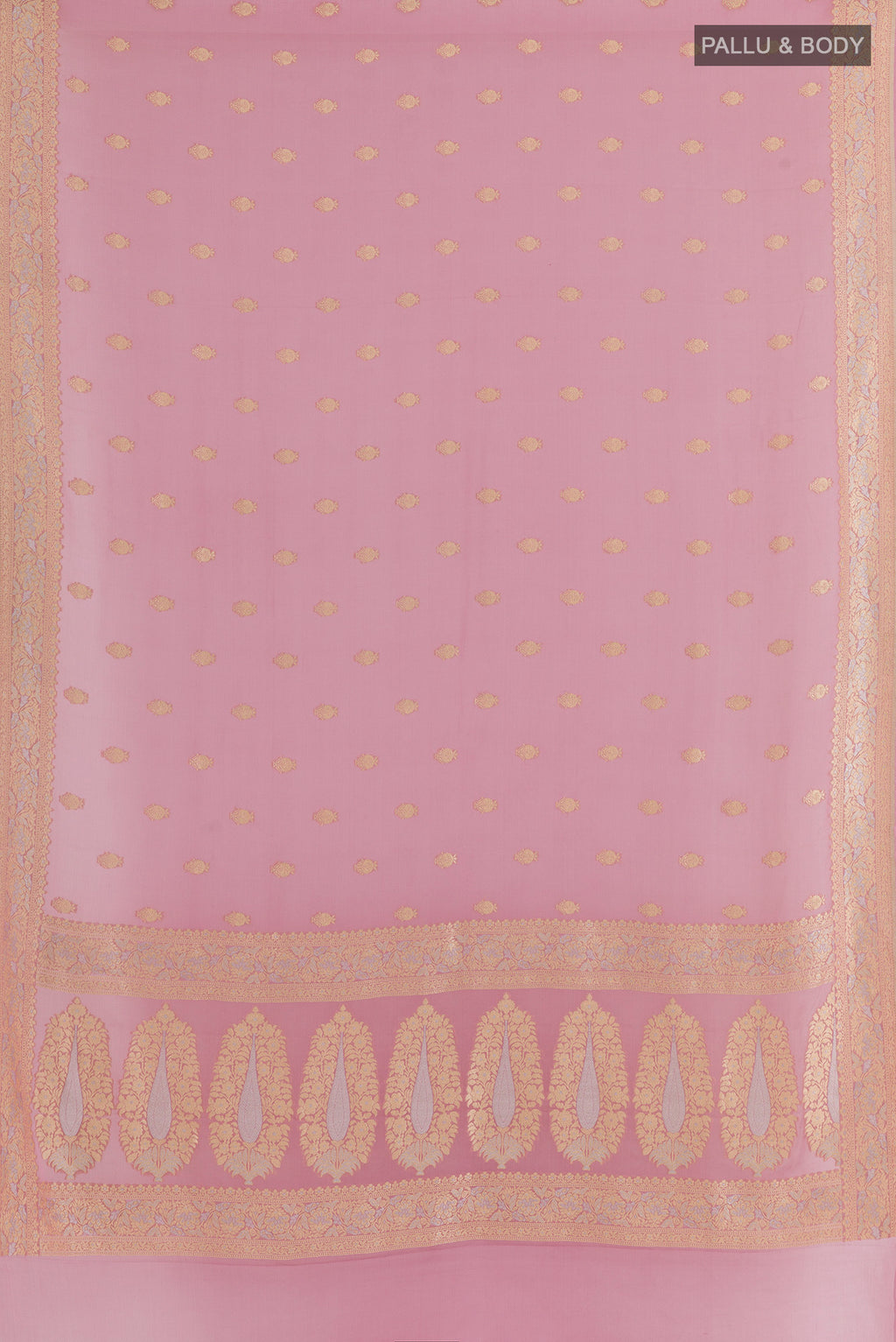 Flat view of Pink Banarasi Georgette Saree with Zari Butta on the body and Zari Border. 