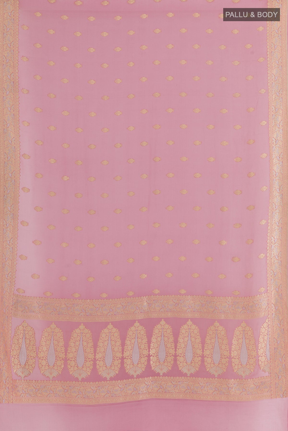 Flat view of Pink Banarasi Georgette Saree with Zari Butta on the body and Zari Border. 