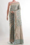 Light Blue Banarasi Silk Saree with Zari Brocade on the body and Zari Border.  displayed on a mannequin