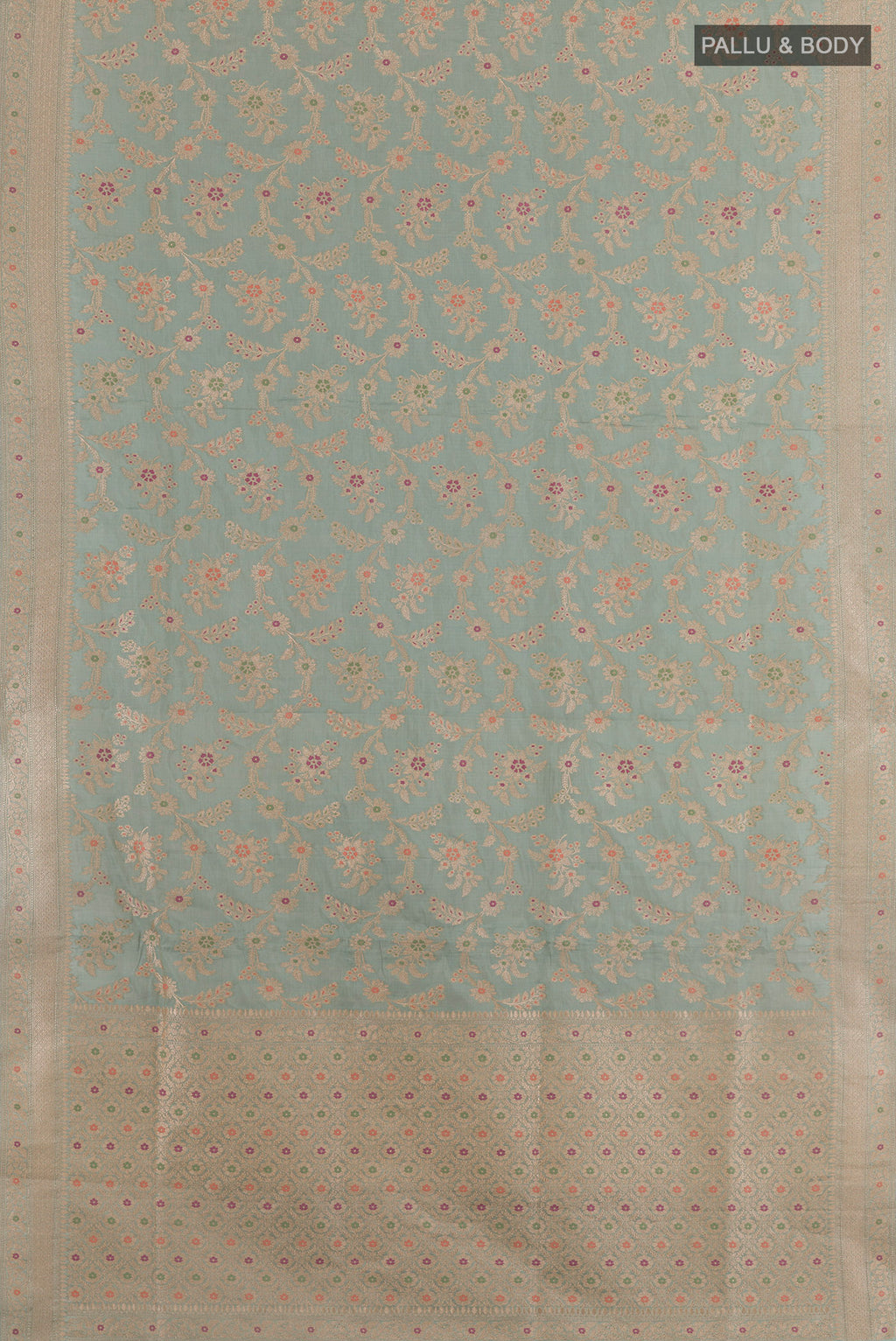 Flat view of Light Blue Banarasi Silk Saree with Zari Brocade on the body and Zari Border. 