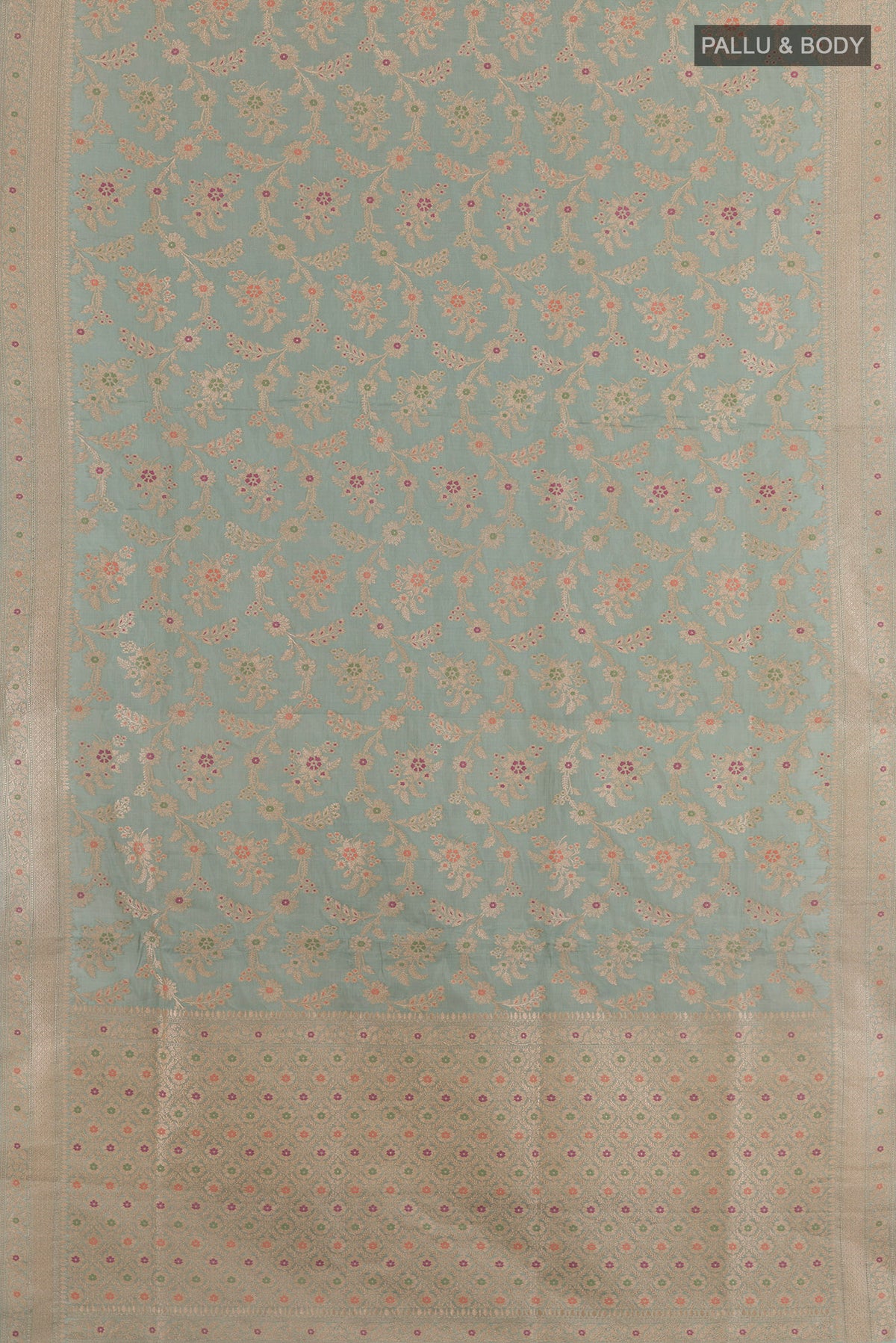 Flat view of Light Blue Banarasi Silk Saree with Zari Brocade on the body and Zari Border. 
