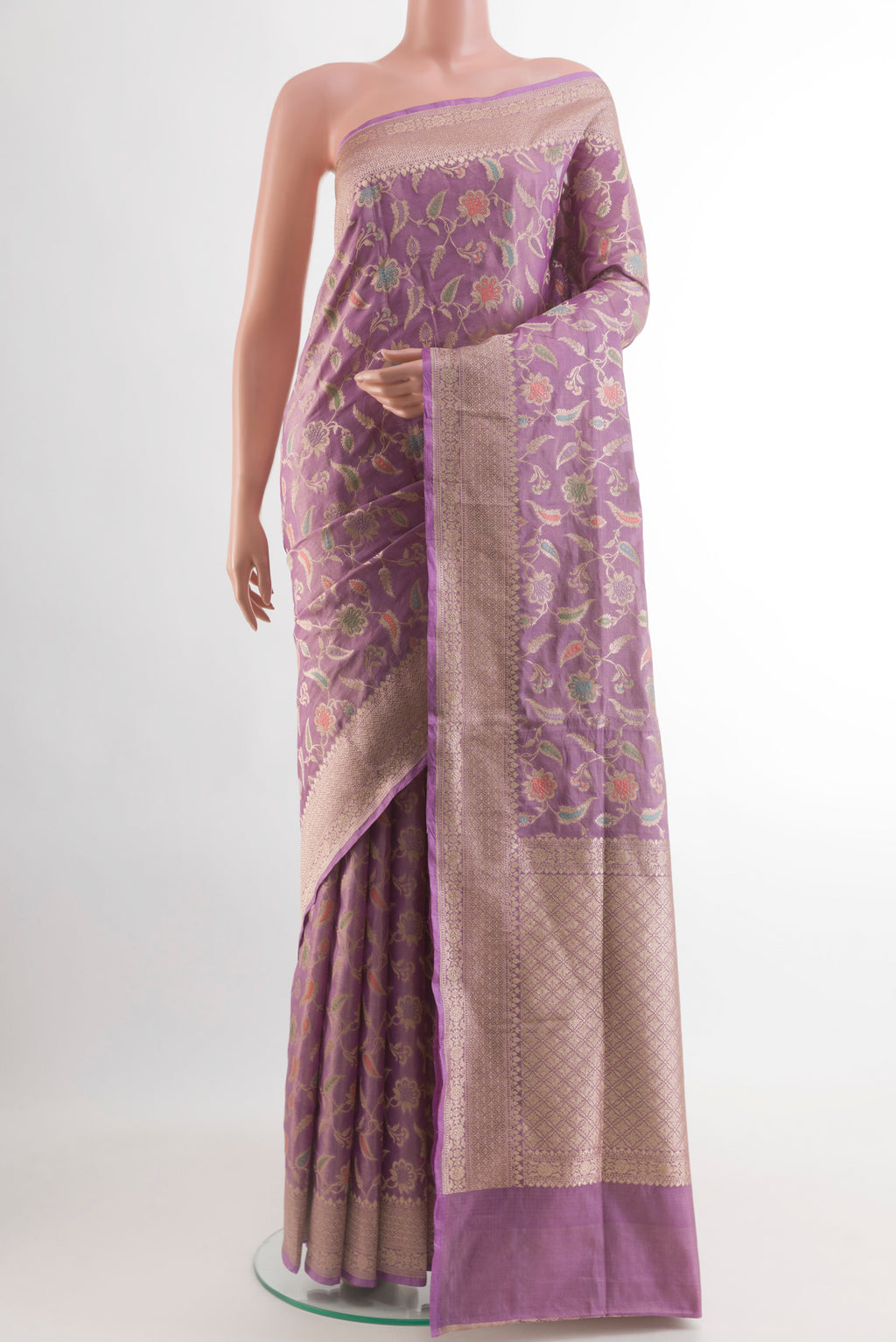 Lavender Banarasi Silk Saree with Zari Brocade on the body and Zari Border.  displayed on a mannequin