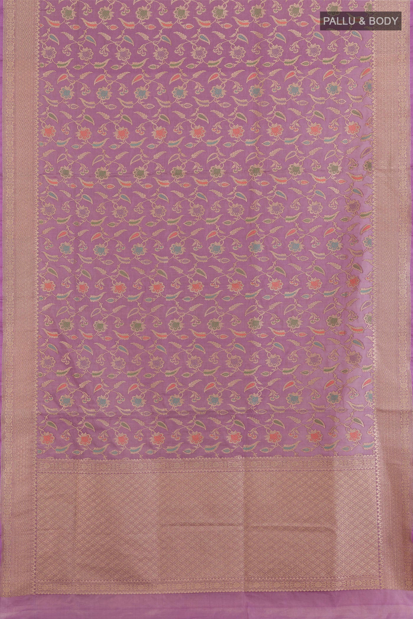 Flat view of Lavender Banarasi Silk Saree with Zari Brocade on the body and Zari Border. 